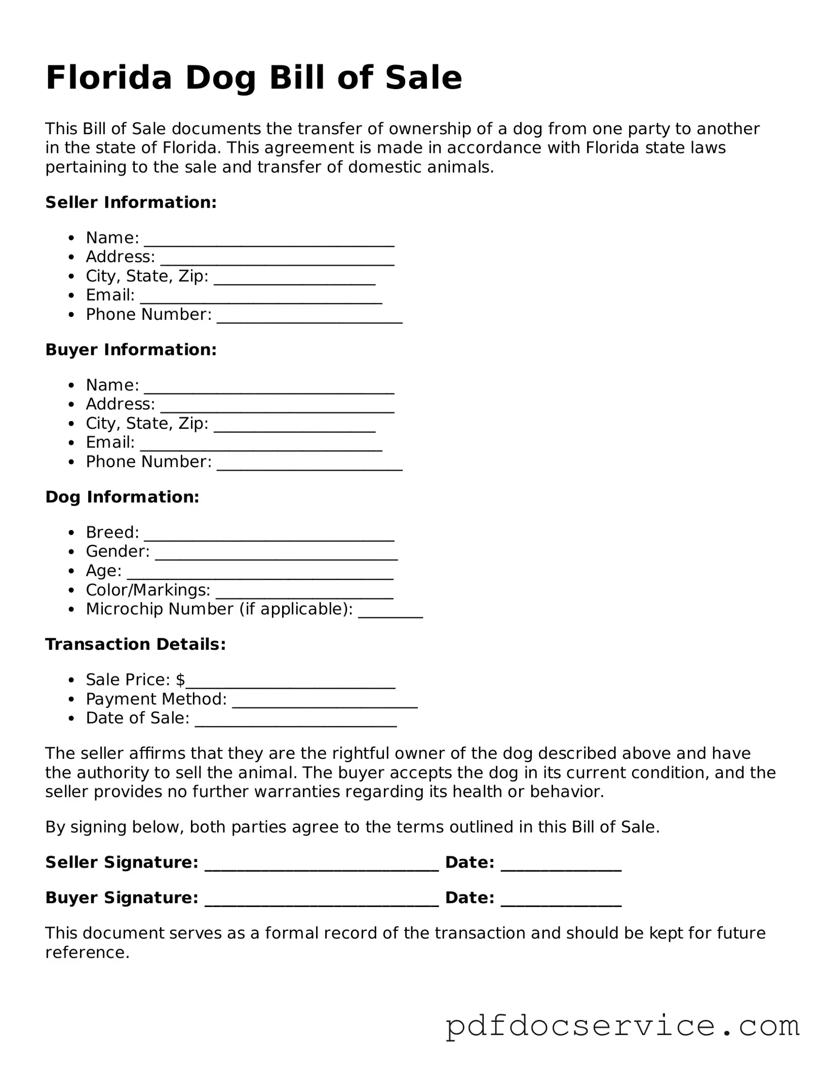Printable  Dog Bill of Sale Template for Florida