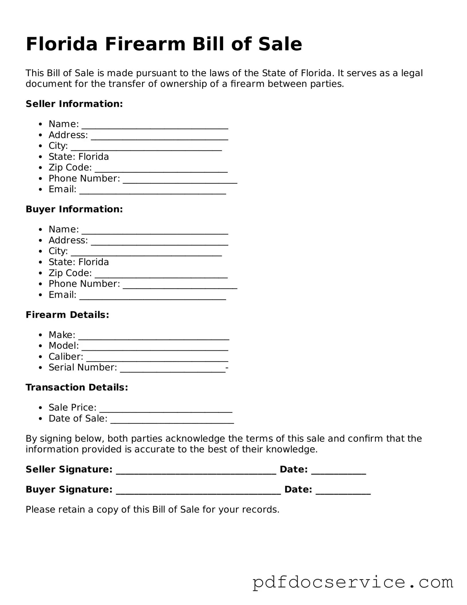 Printable  Firearm Bill of Sale Template for Florida