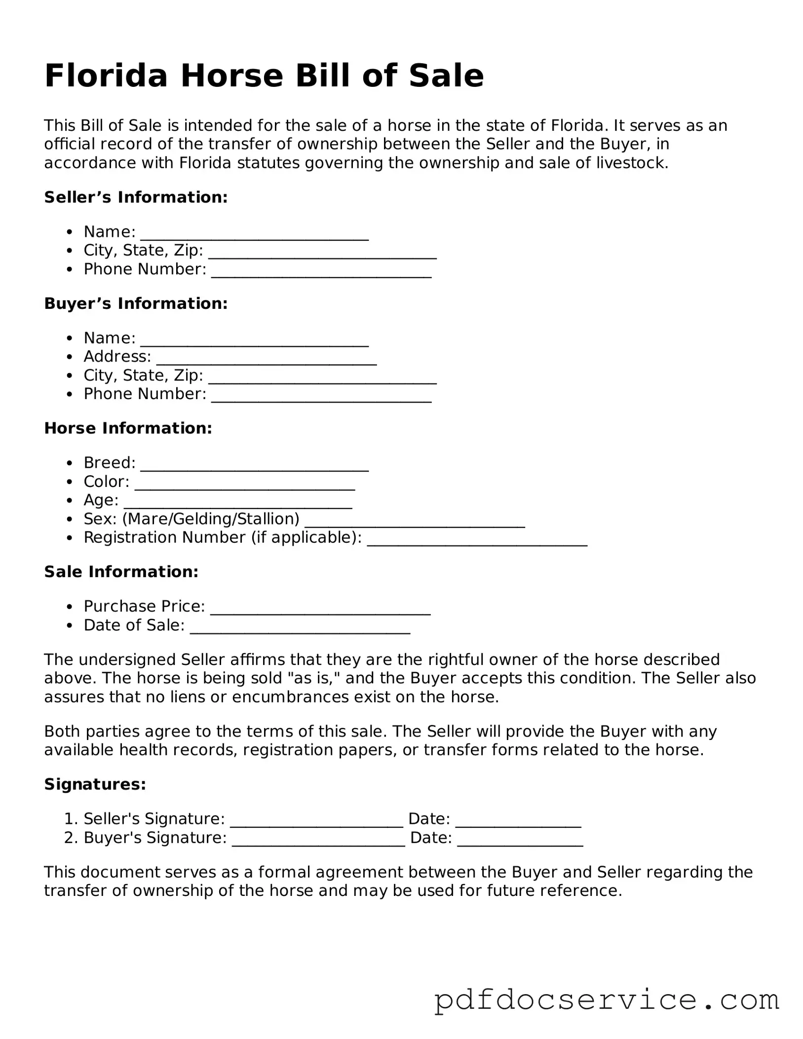 Printable  Horse Bill of Sale Template for Florida