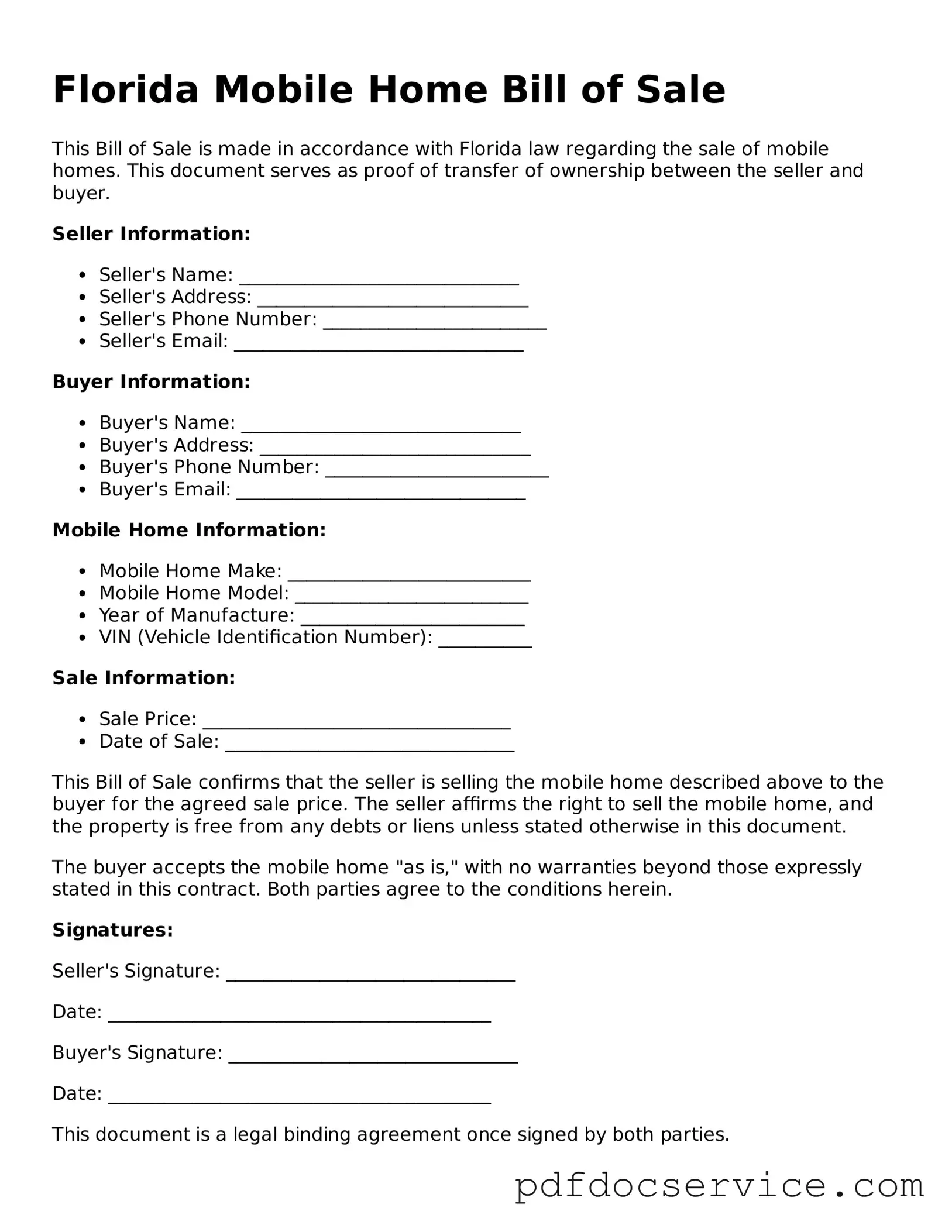 Printable  Mobile Home Bill of Sale Template for Florida