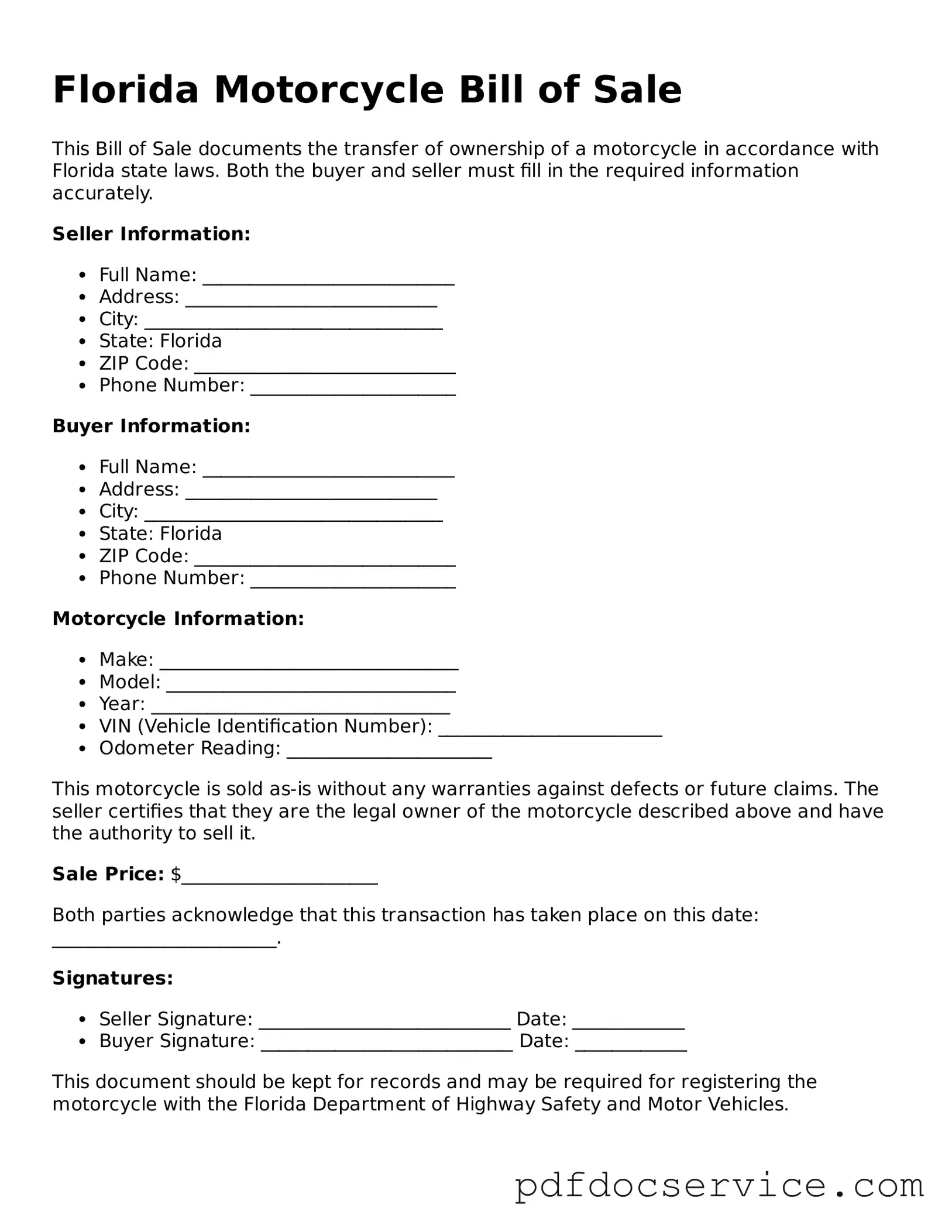 Printable  Motorcycle Bill of Sale Template for Florida