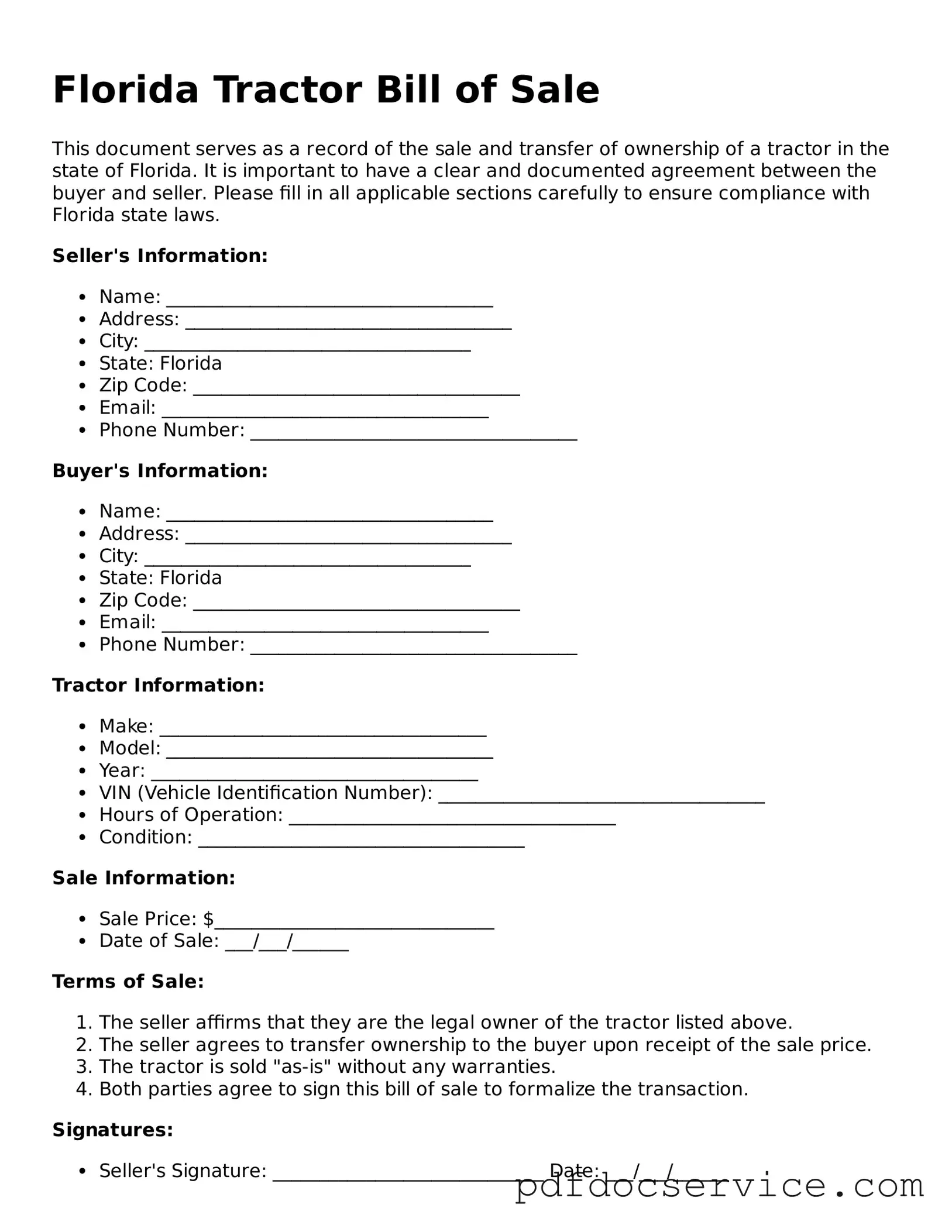 Printable  Tractor Bill of Sale Template for Florida