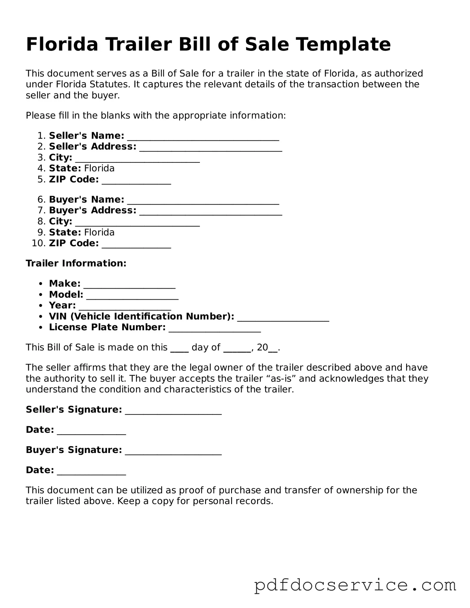 Printable  Trailer Bill of Sale Template for Florida