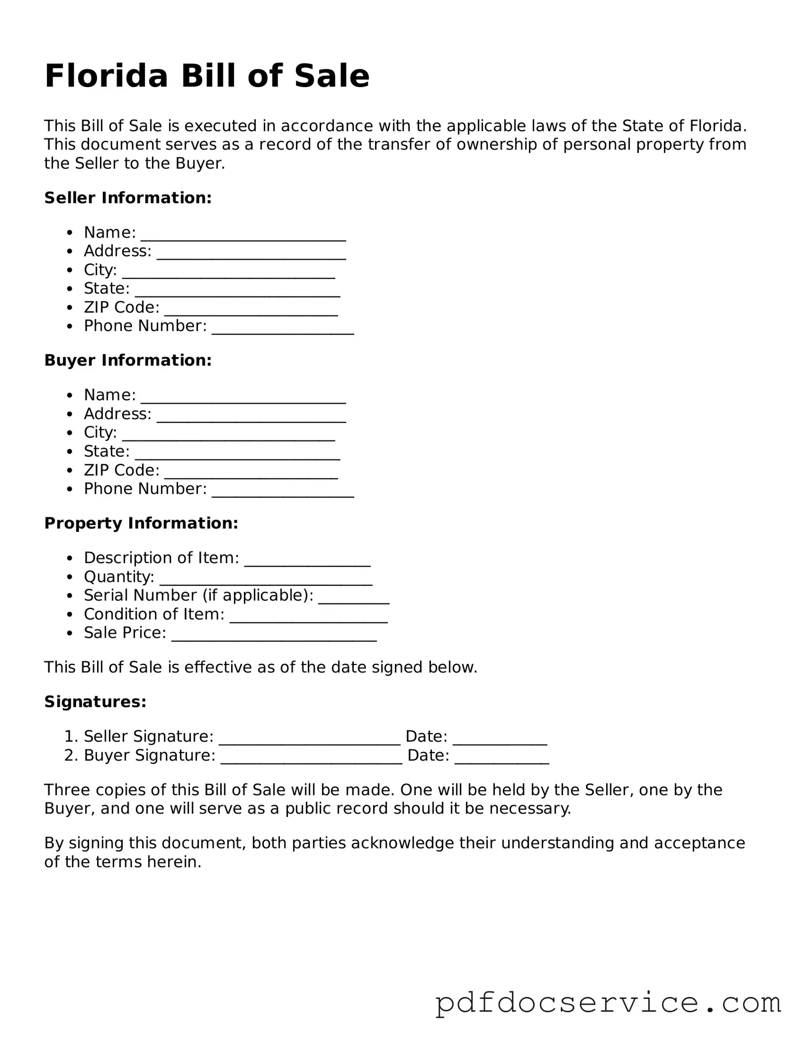 Printable  Bill of Sale Template for Florida