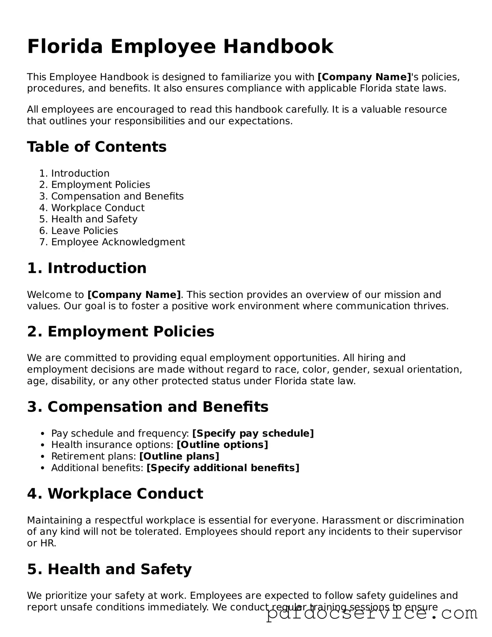 Printable  Employee Handbook Template for Florida
