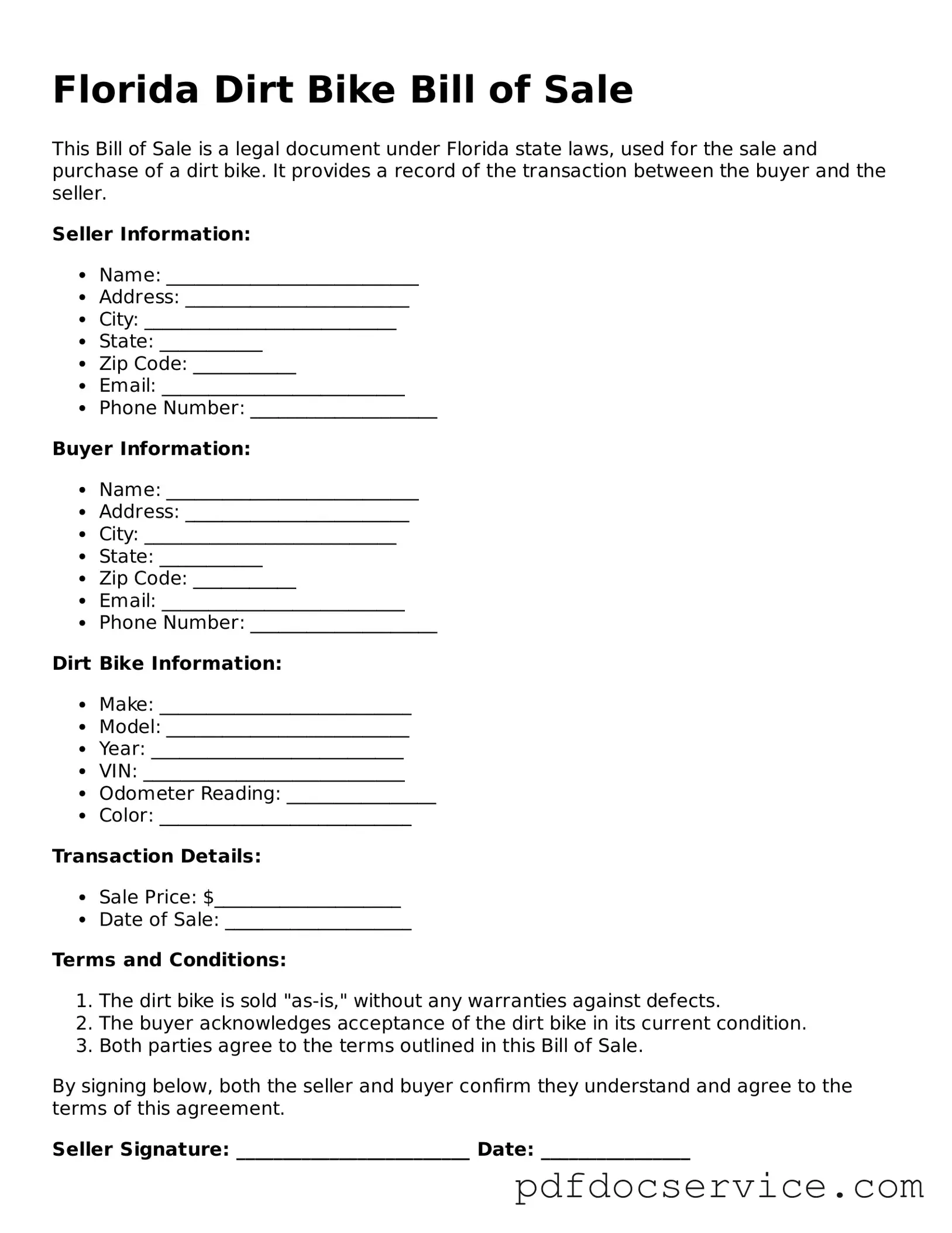 Printable  Dirt Bike Bill of Sale Template for Florida