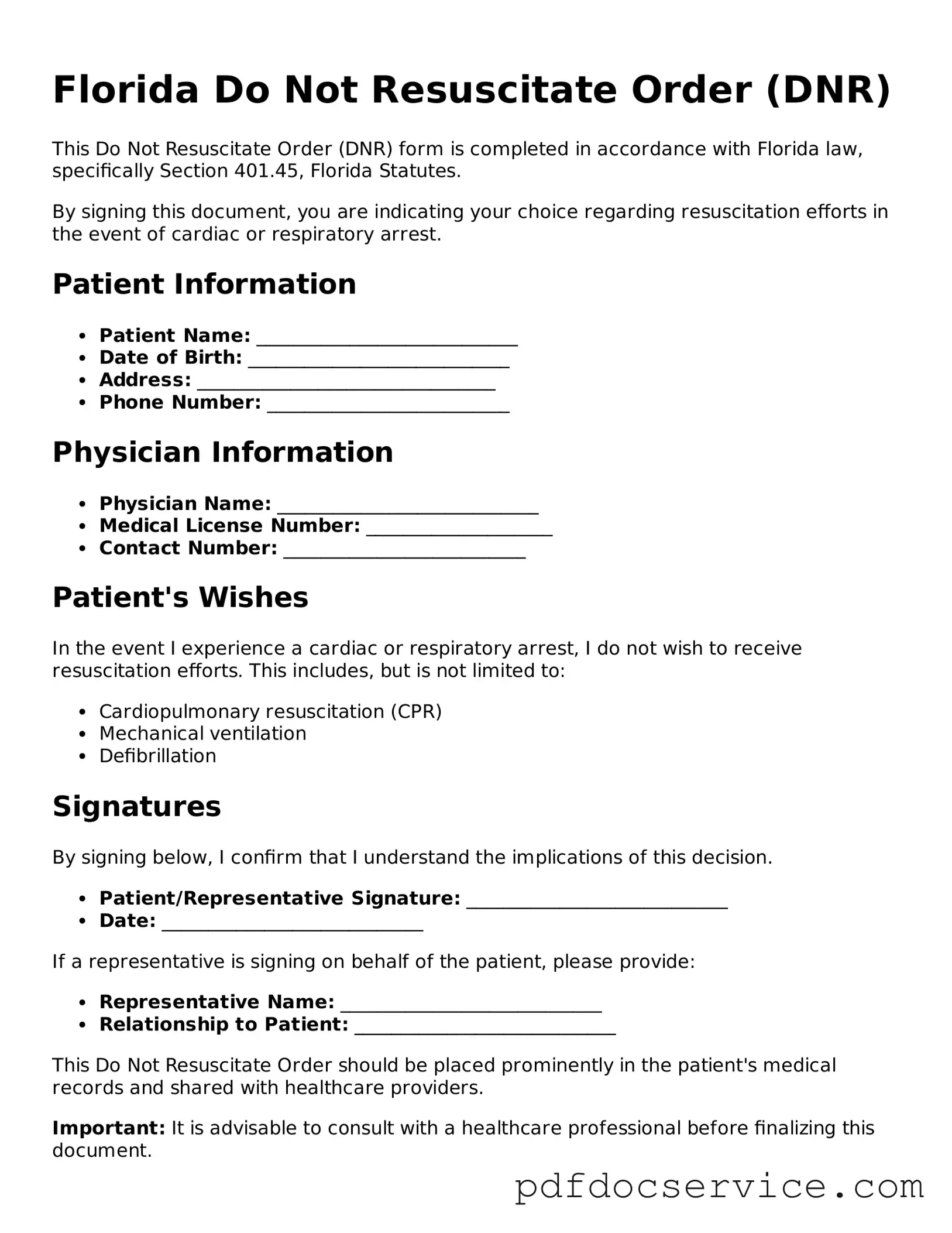 Printable  Do Not Resuscitate Order Template for Florida