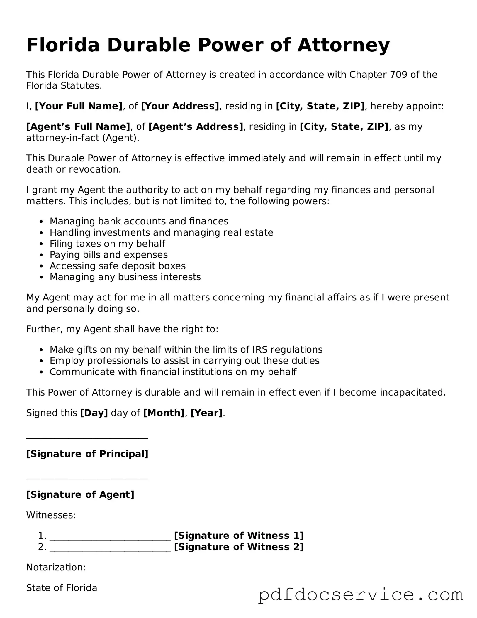 Printable  Durable Power of Attorney Template for Florida