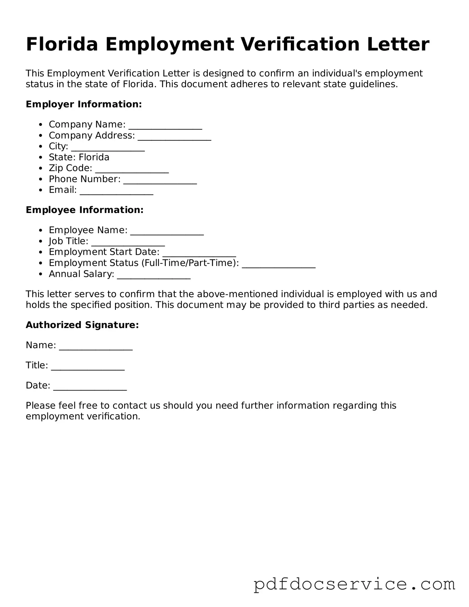 Printable  Employment Verification Template for Florida