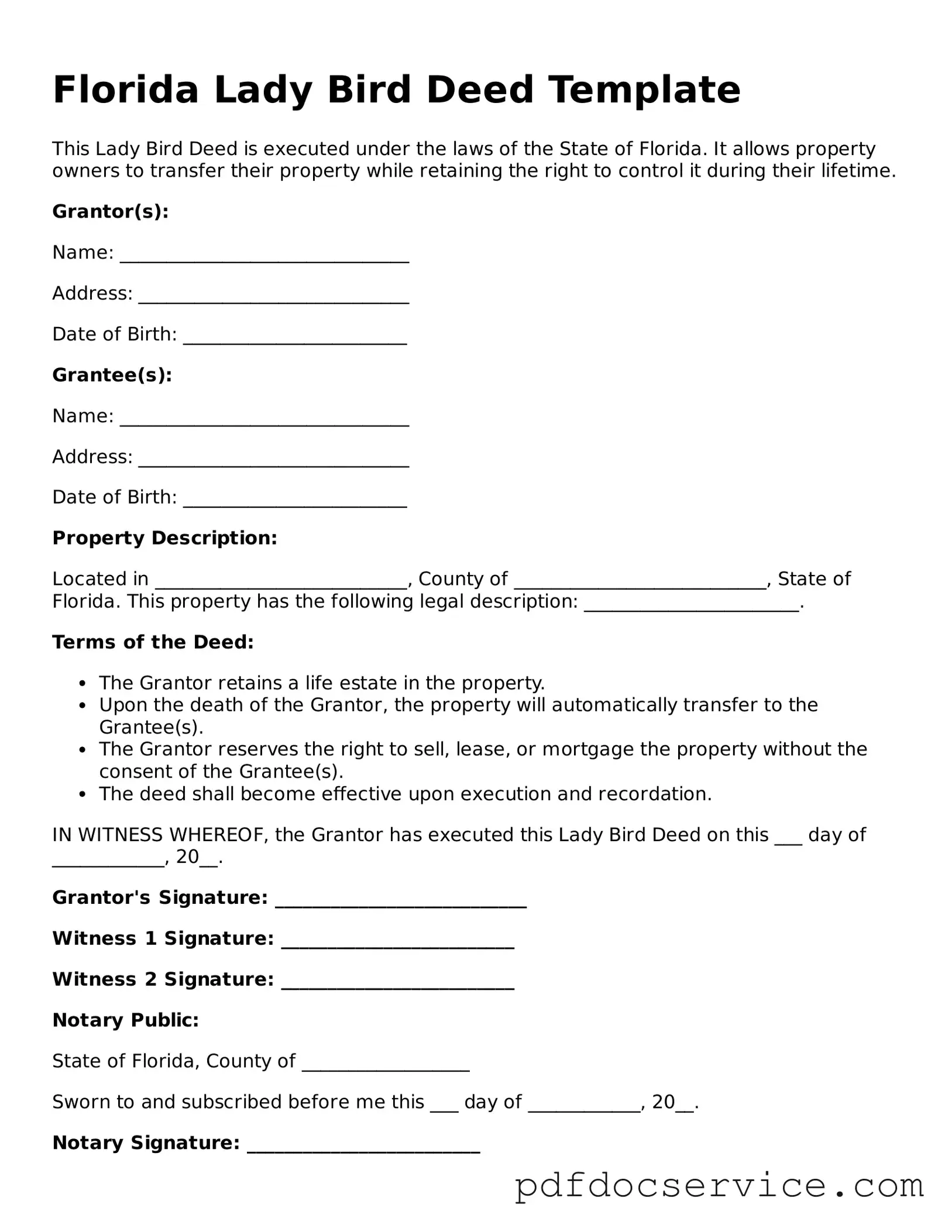 Printable  Lady Bird Deed Template for Florida