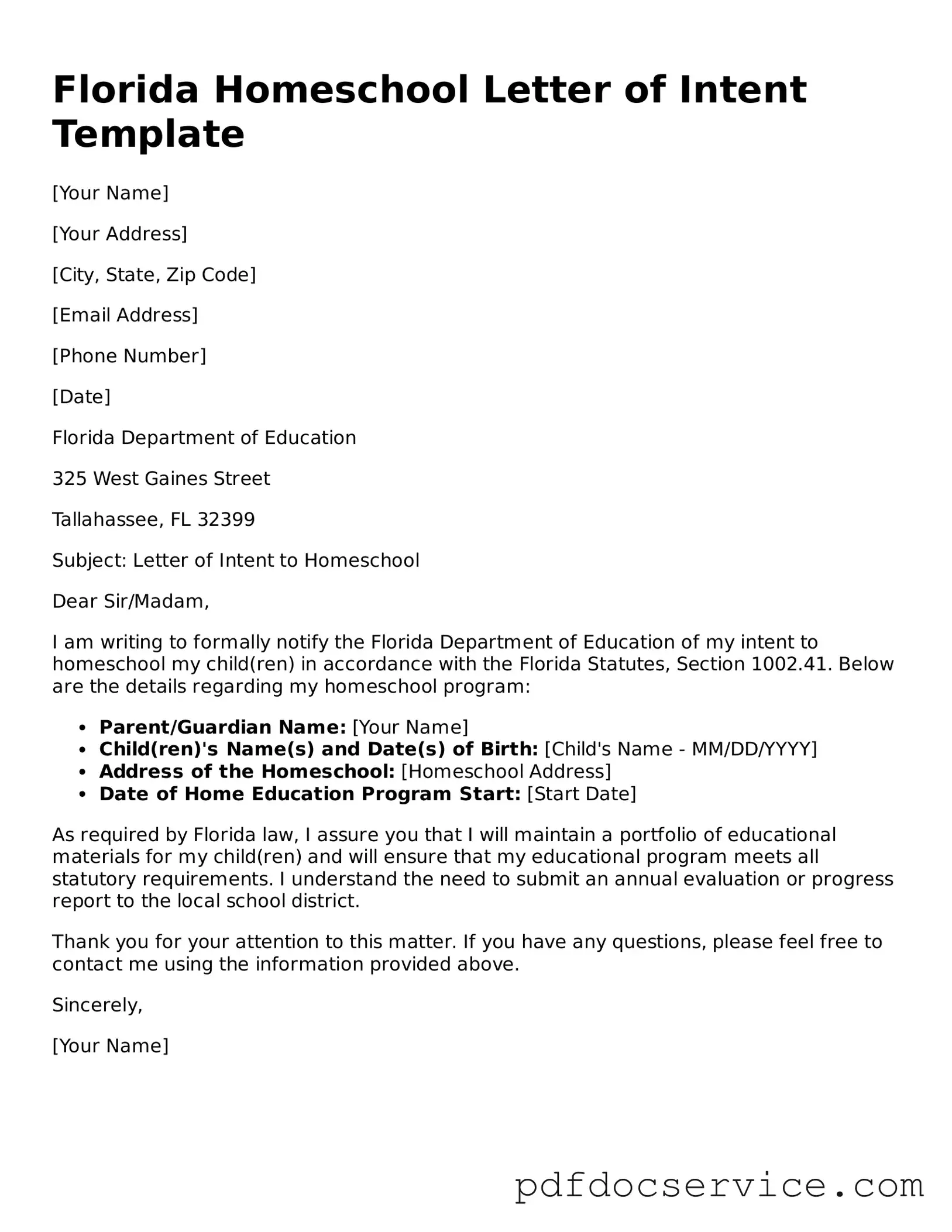Printable  Homeschool Letter of Intent Template for Florida