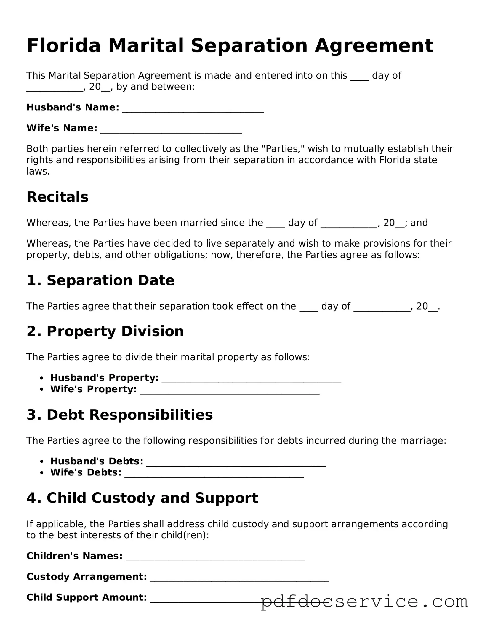 Printable  Marital Separation Agreement Template for Florida