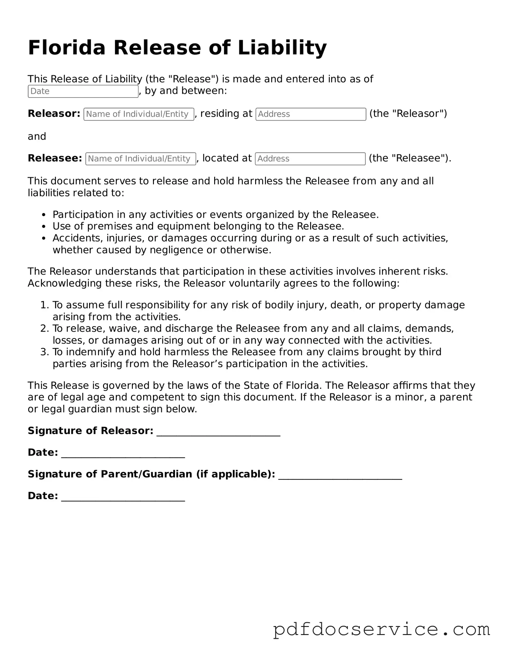 Printable  Release of Liability Template for Florida
