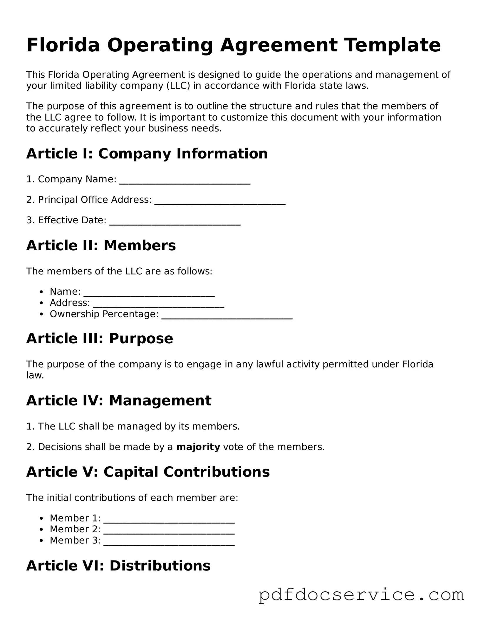 Printable  Operating Agreement Template for Florida