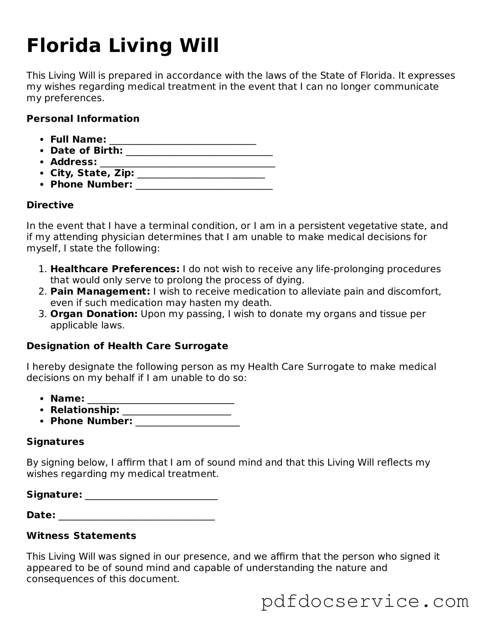 Printable  Living Will Template for Florida
