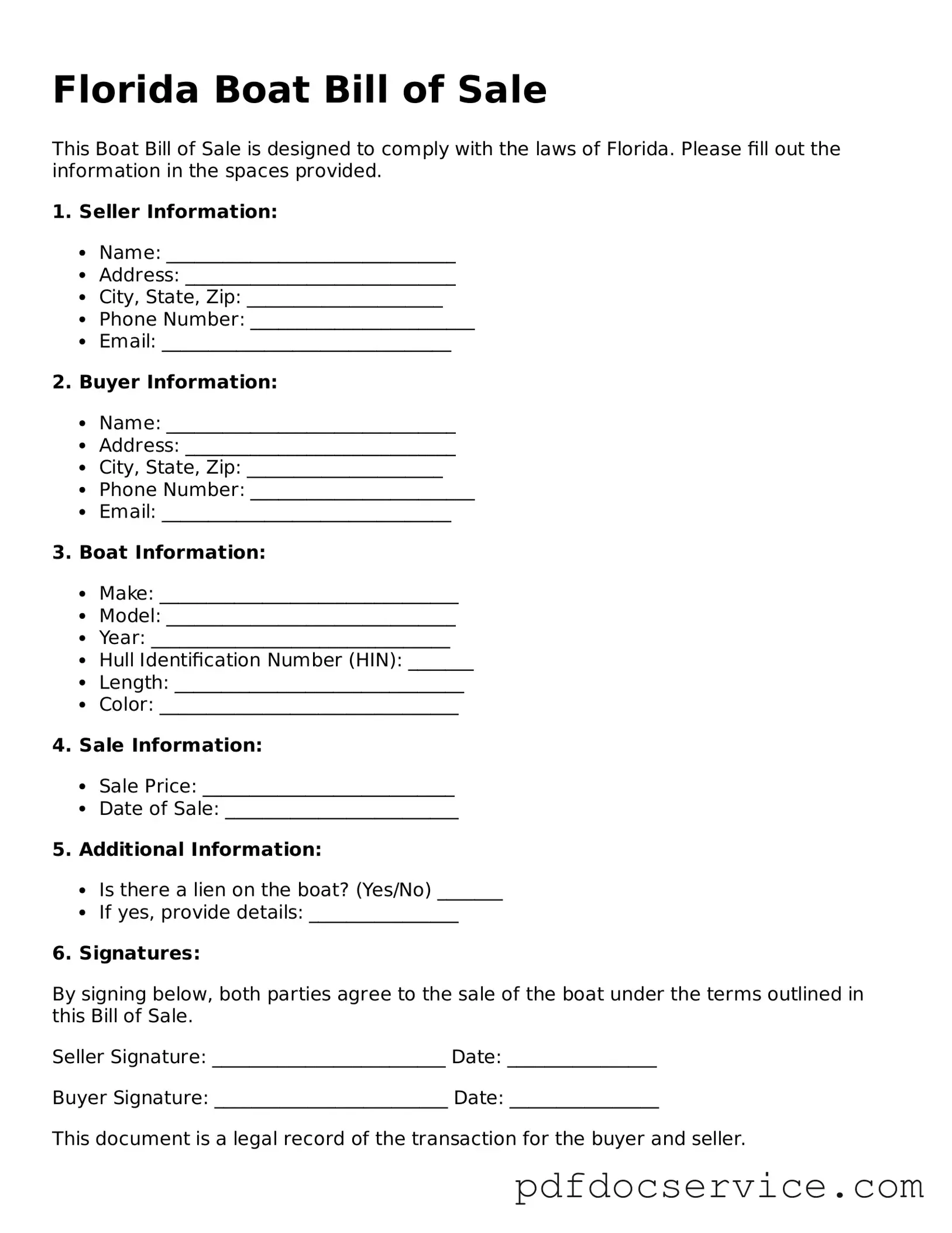 Printable  Boat Bill of Sale Template for Florida