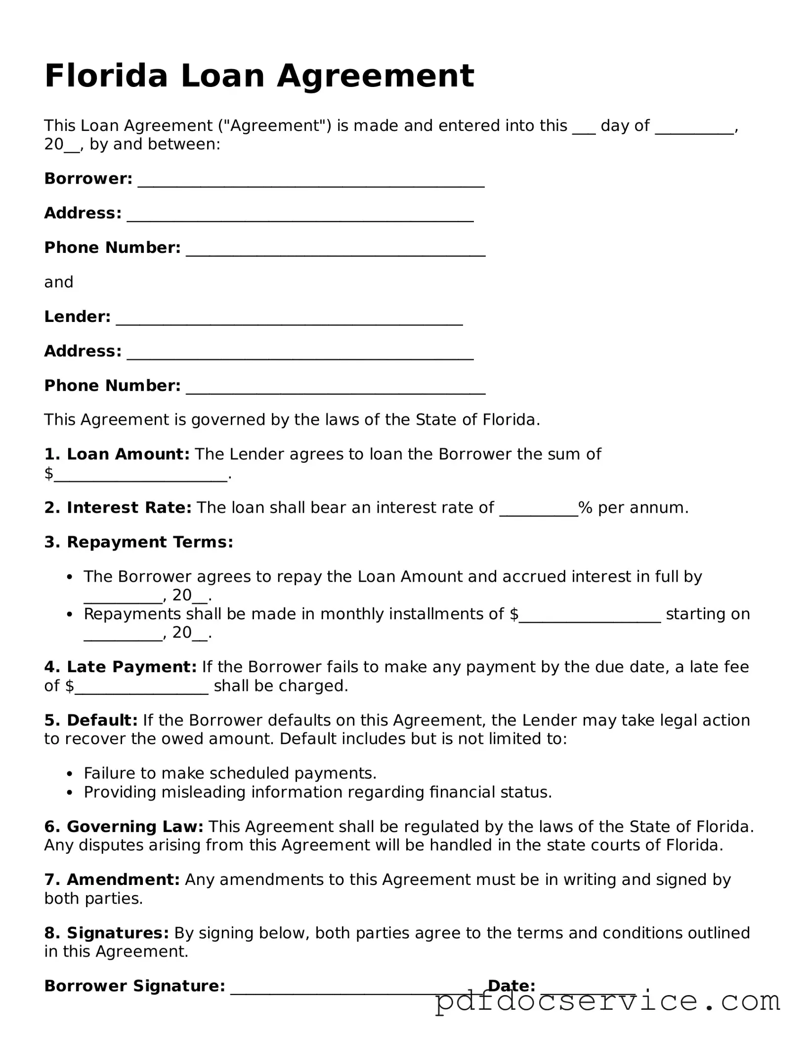 Printable  Loan Agreement Template for Florida