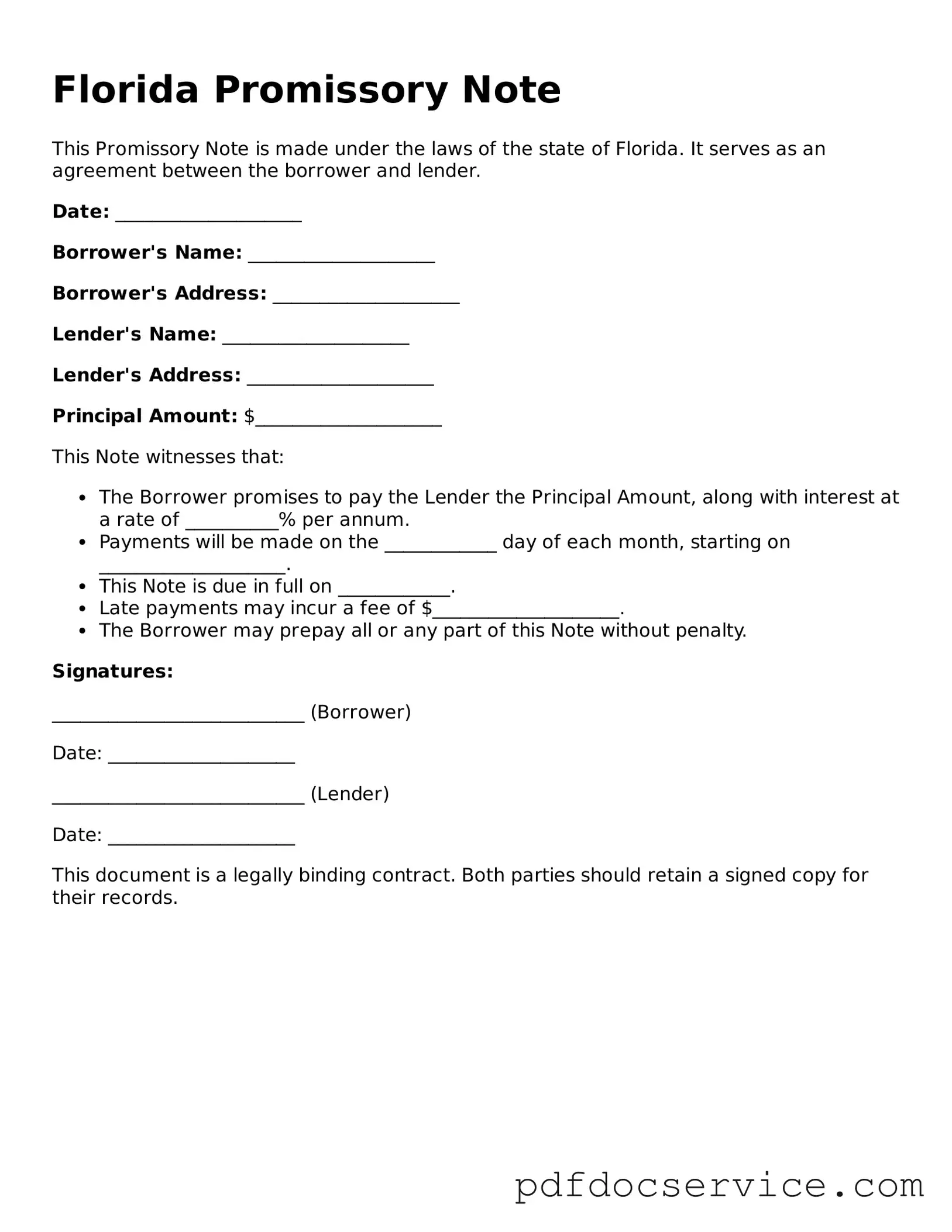 Printable  Promissory Note Template for Florida