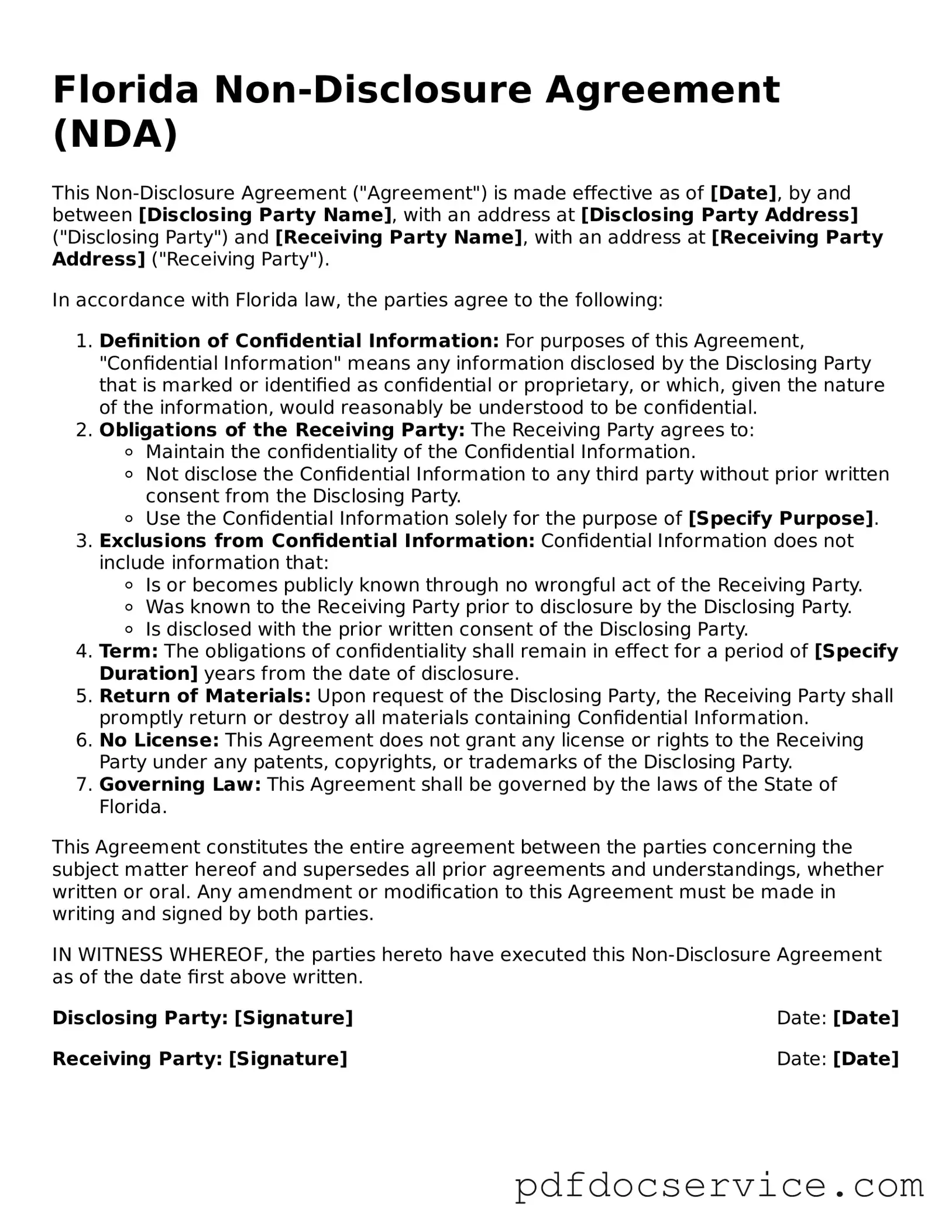 Printable  Non-disclosure Agreement Template for Florida