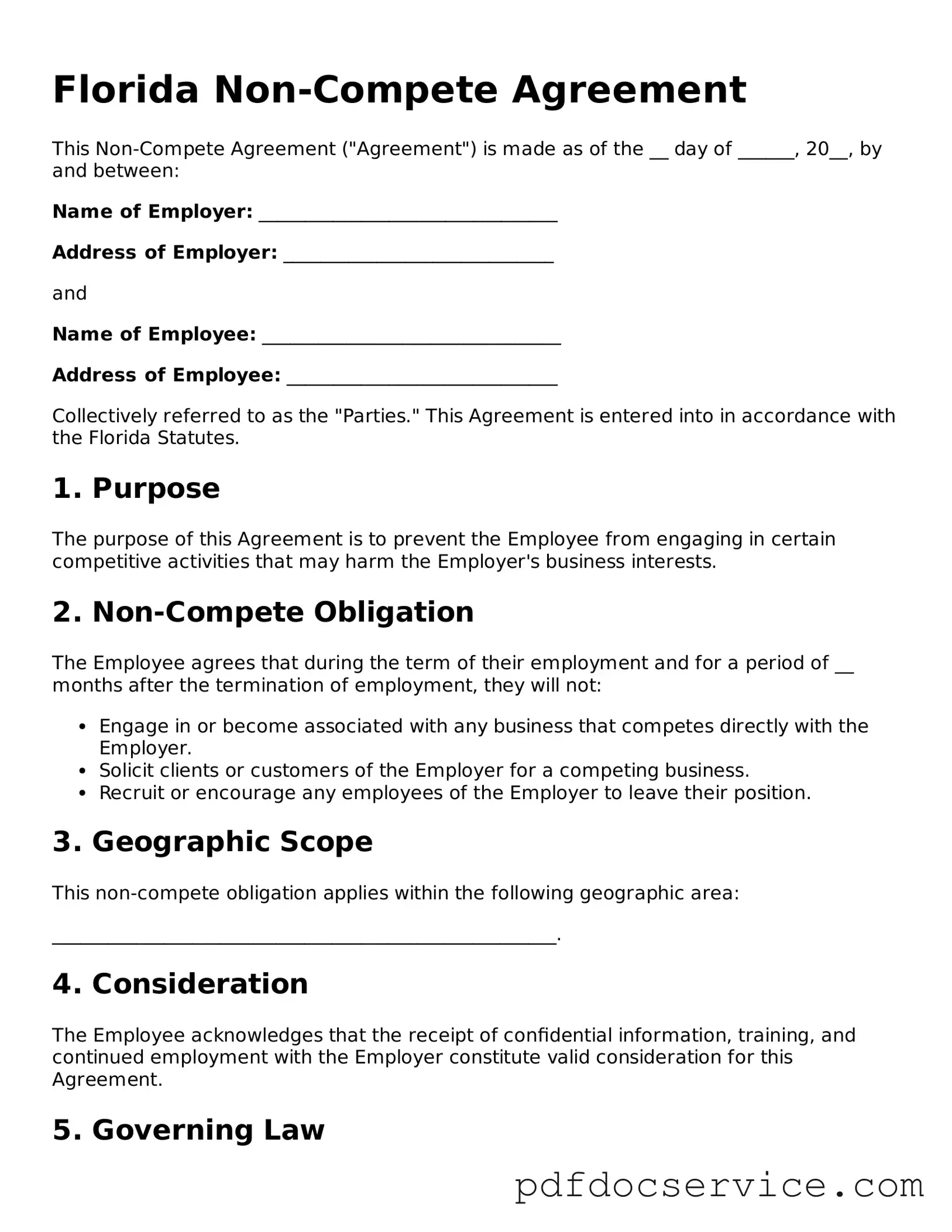 Printable  Non-compete Agreement Template for Florida