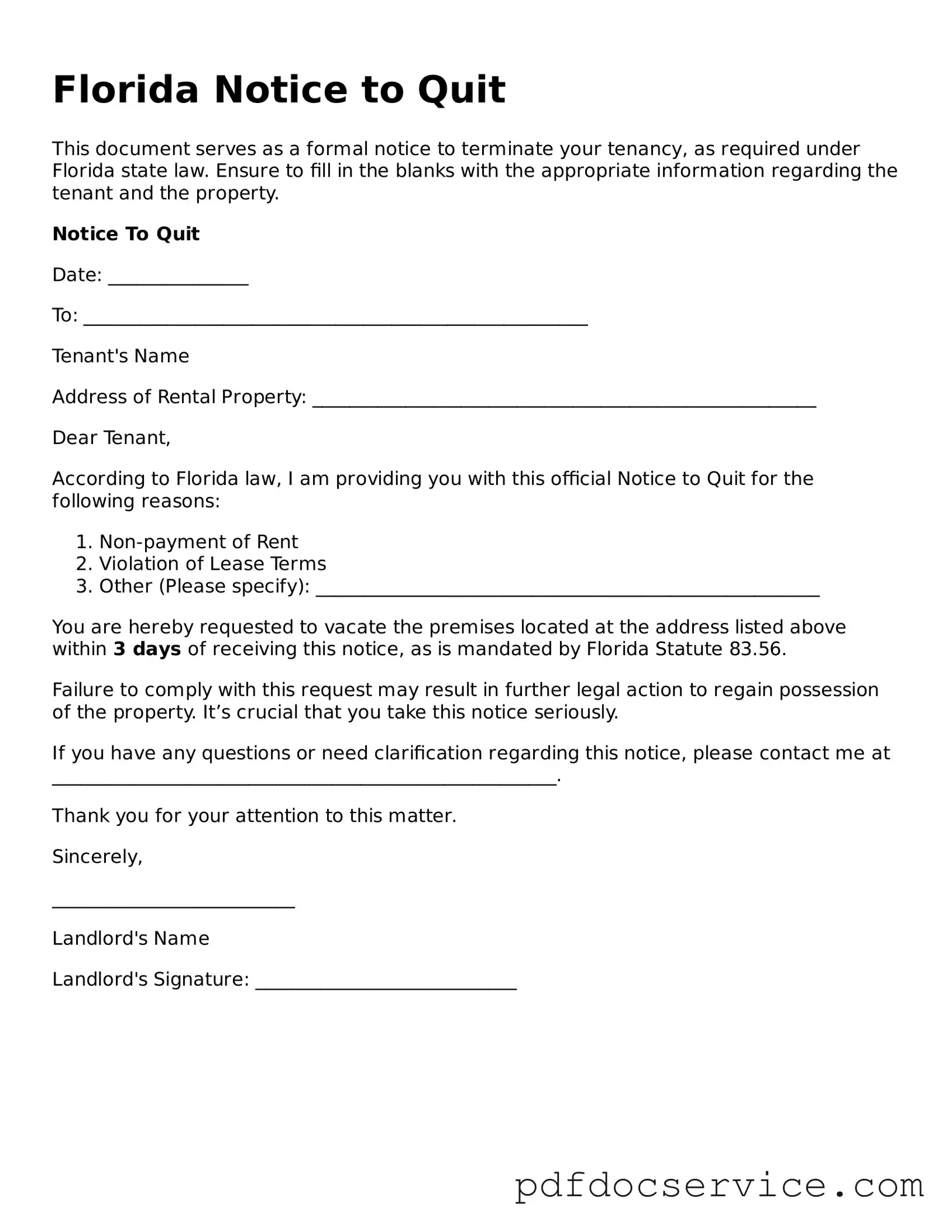 Printable  Notice to Quit Template for Florida