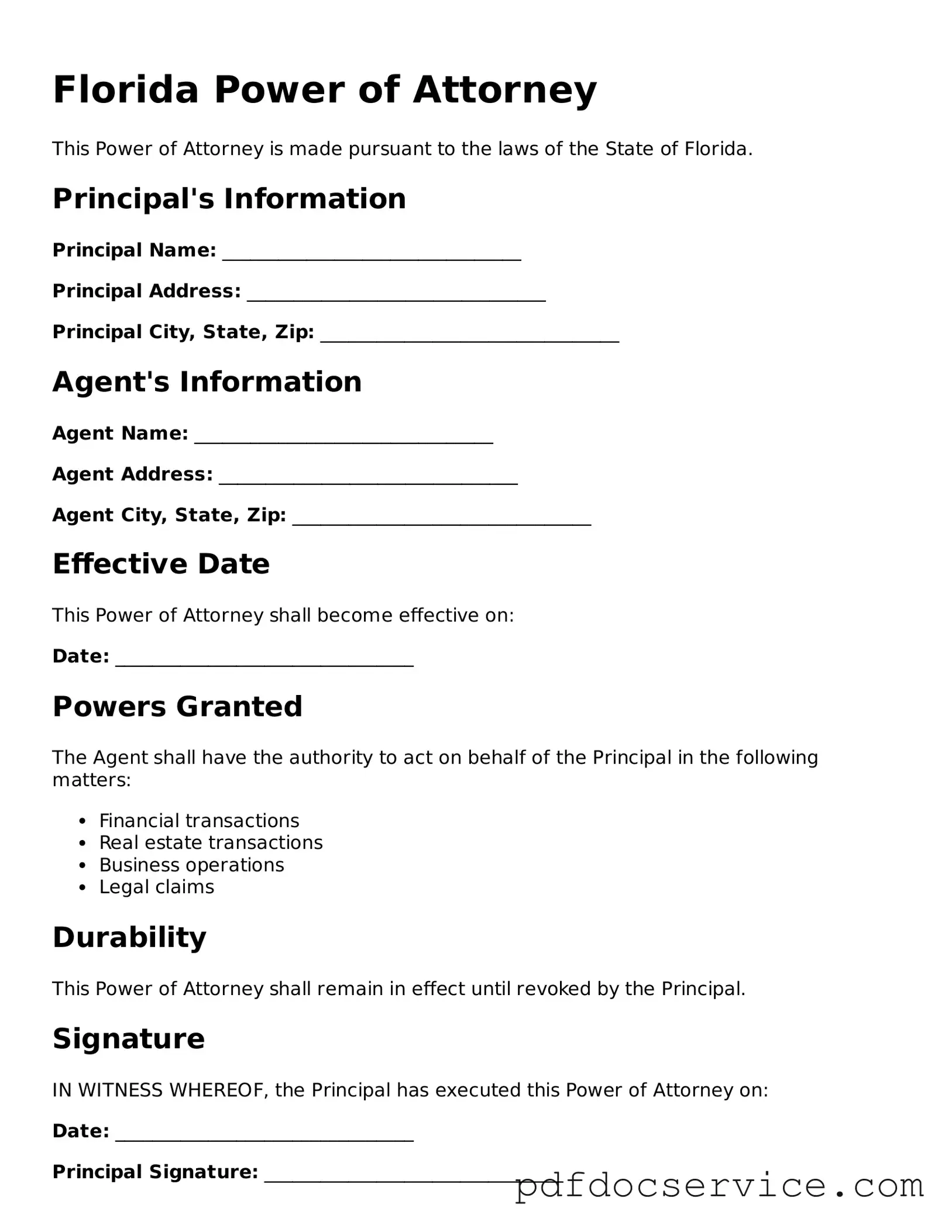 Printable  Power of Attorney Template for Florida