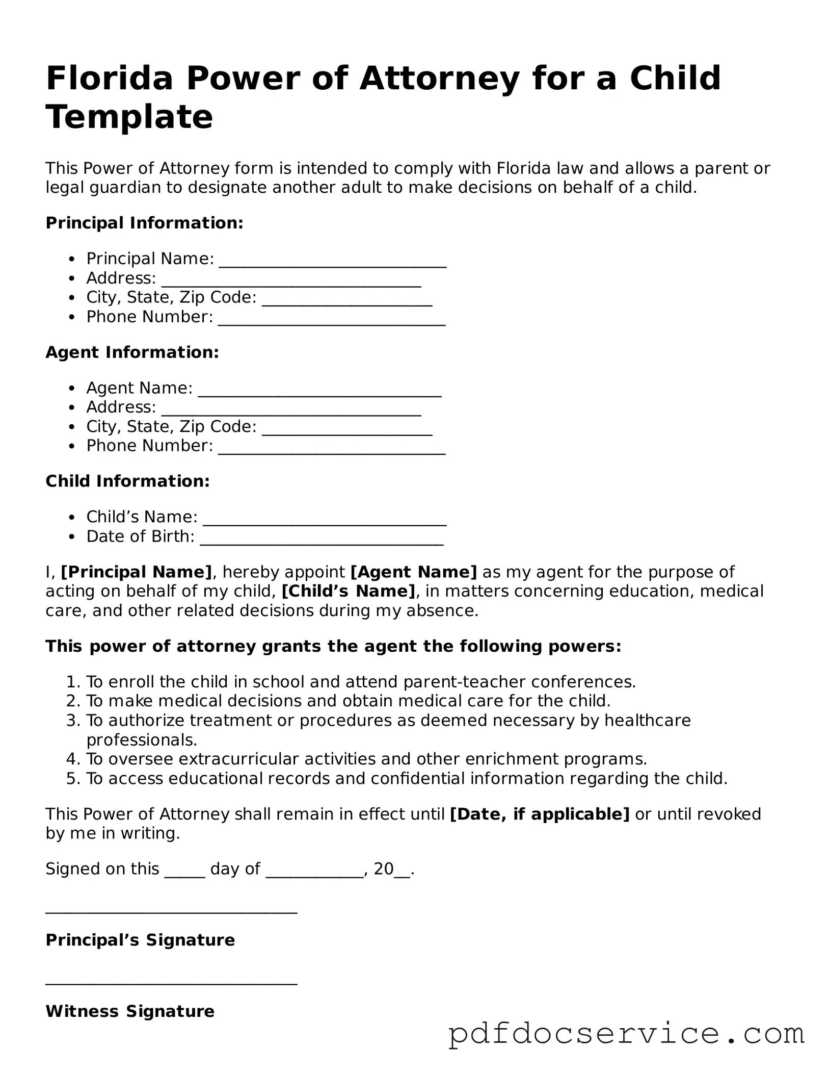 Printable  Power of Attorney for a Child Template for Florida
