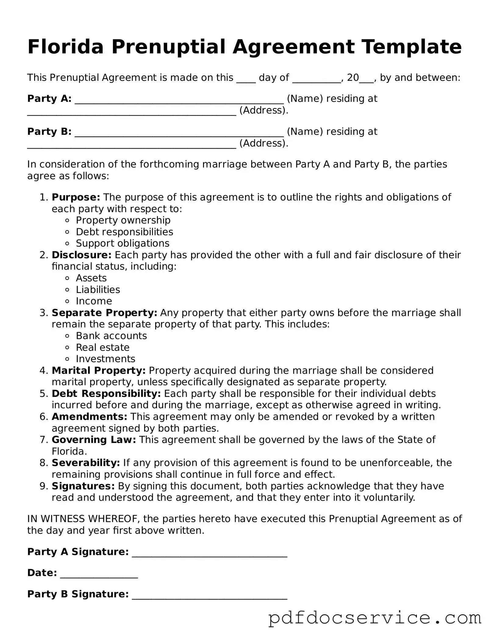 Printable  Prenuptial Agreement Template for Florida