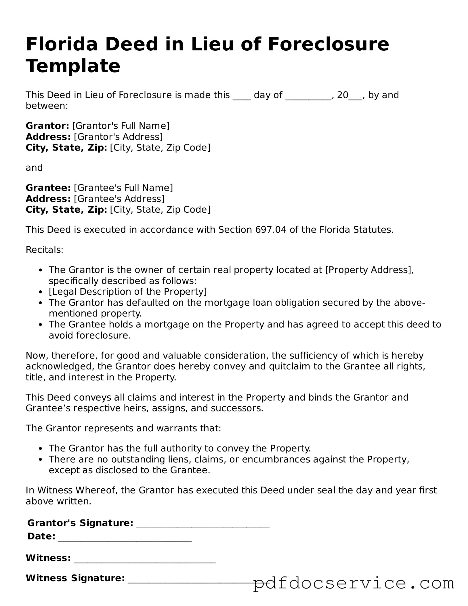 Printable  Deed in Lieu of Foreclosure Template for Florida