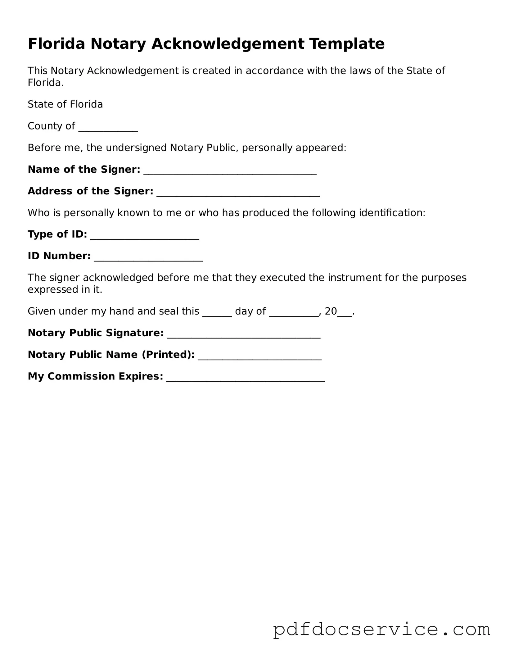 Printable  Notary Acknowledgement Template for Florida
