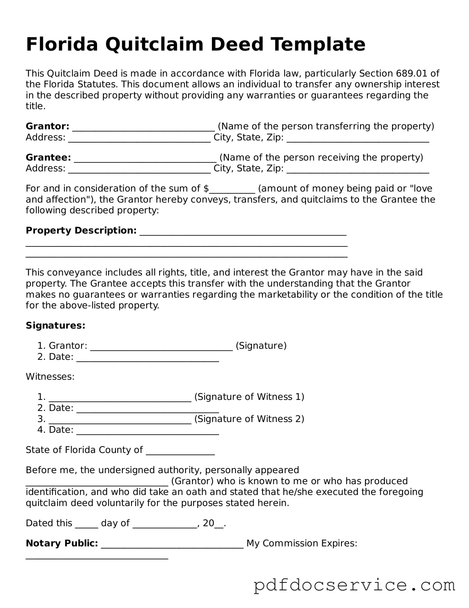 Printable  Quitclaim Deed Template for Florida