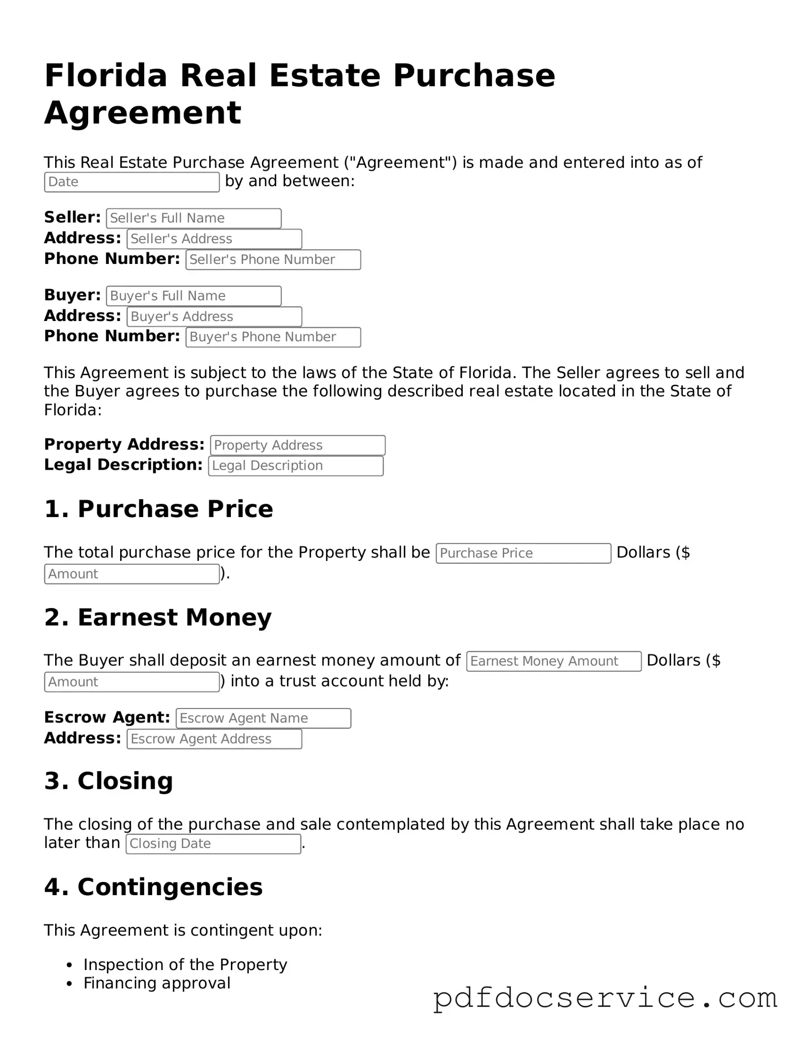 Printable  Real Estate Purchase Agreement Template for Florida