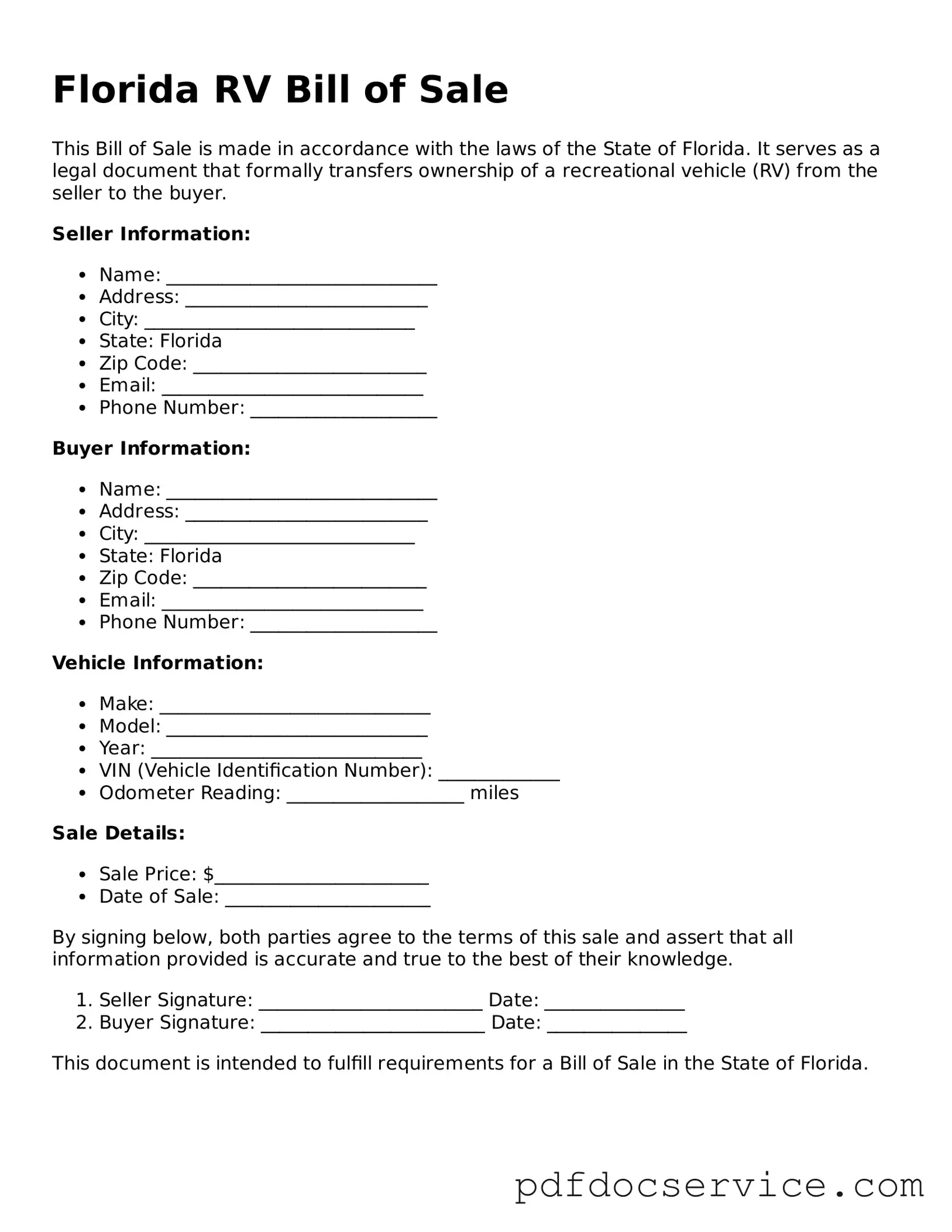 Printable  RV Bill of Sale Template for Florida