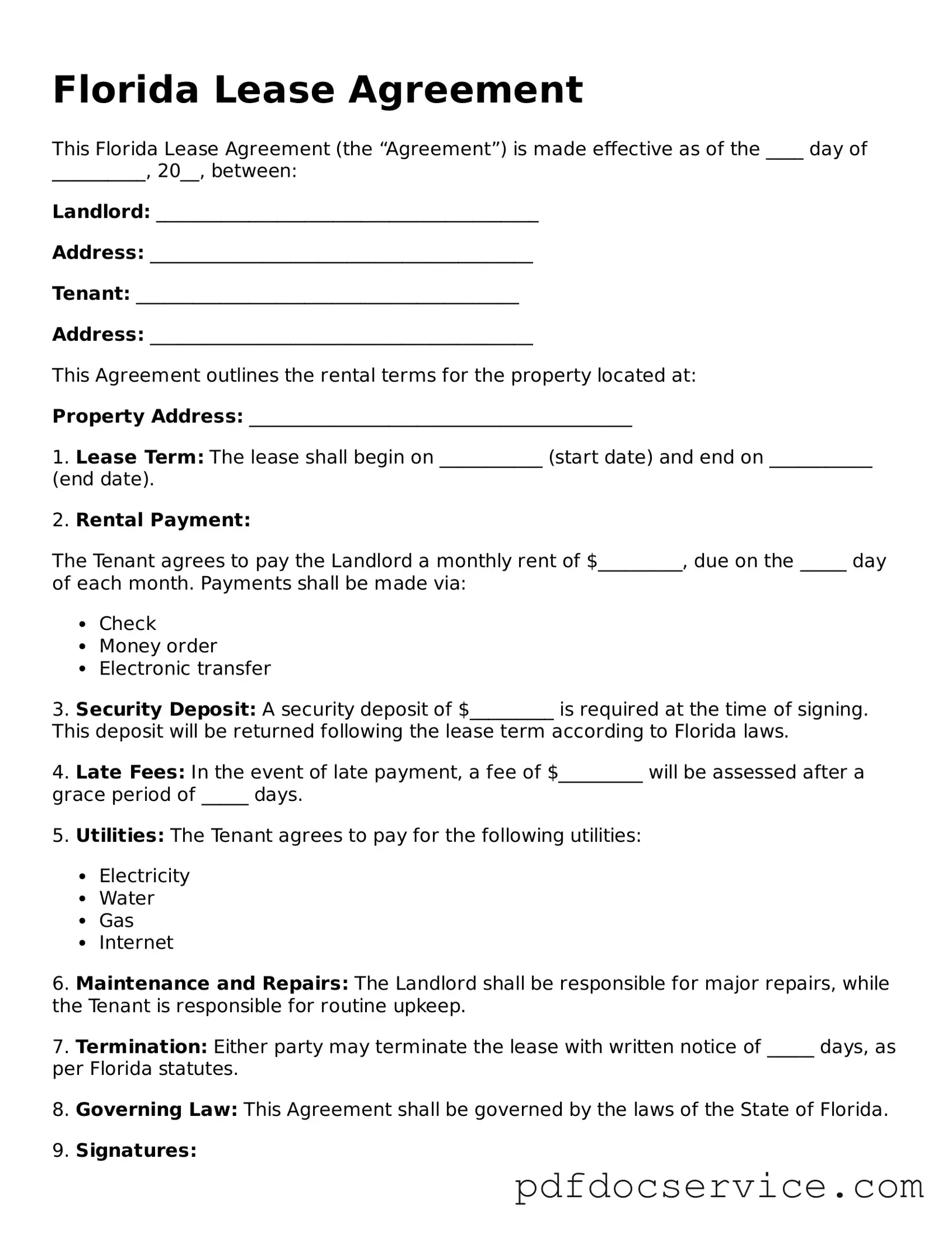 Printable  Lease Agreement Template for Florida