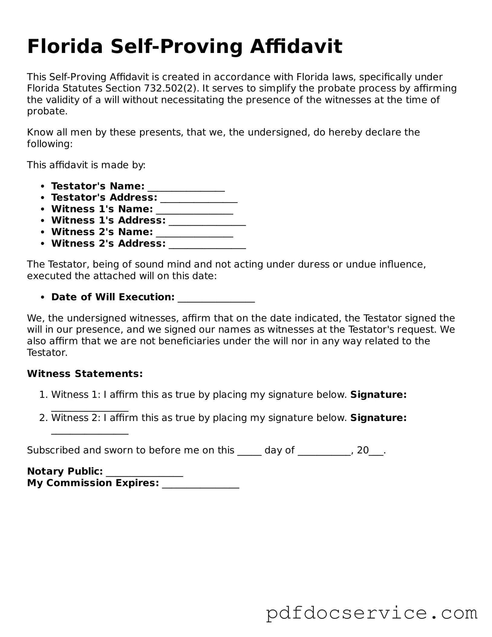 Printable  Self-Proving Affidavit Template for Florida