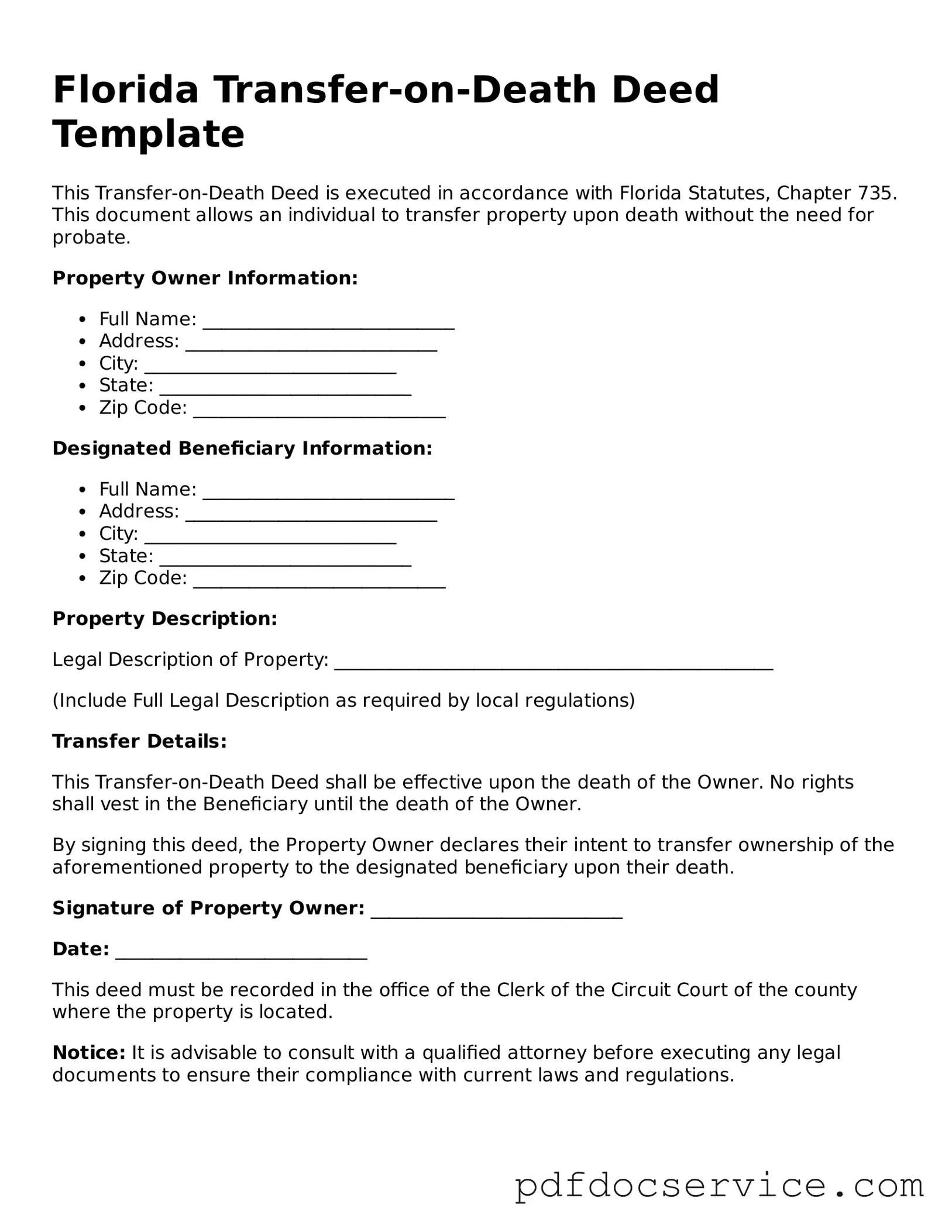 Printable  Transfer-on-Death Deed Template for Florida