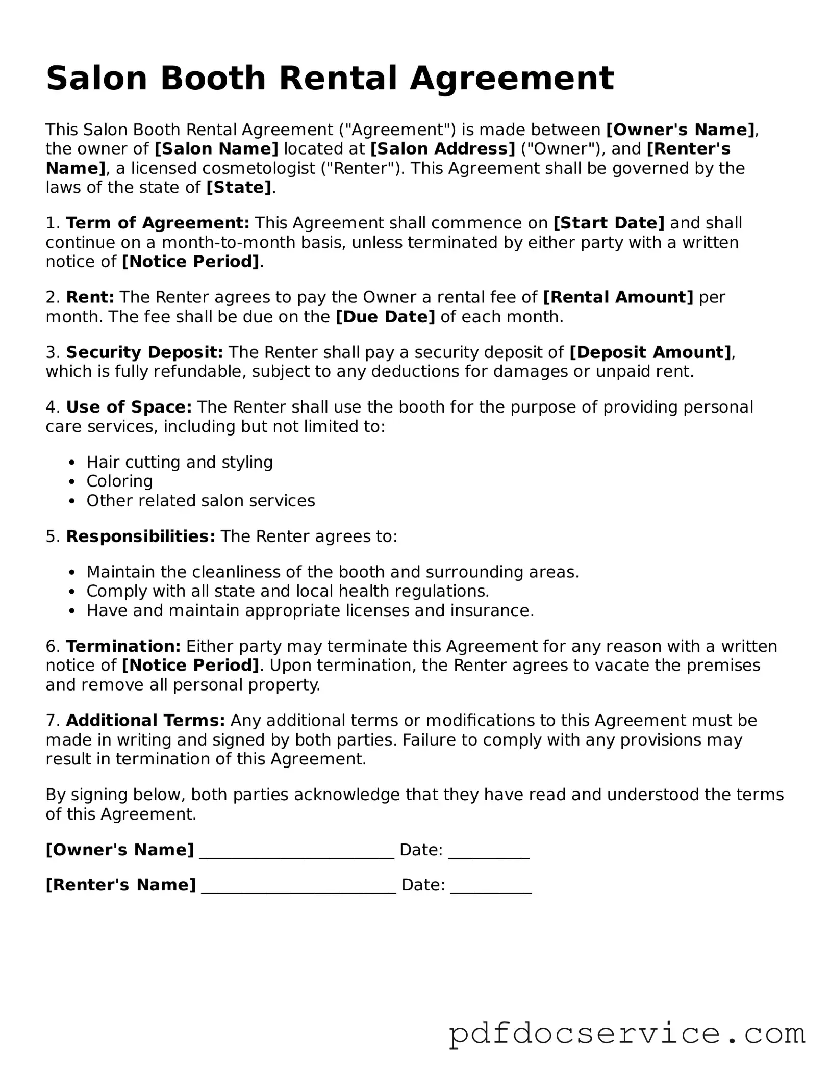 Blank Salon Booth Rental Agreement Form