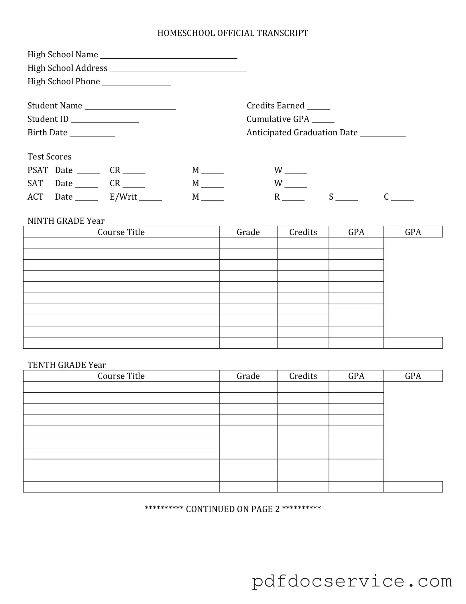 Fill Your High School Transcript Form