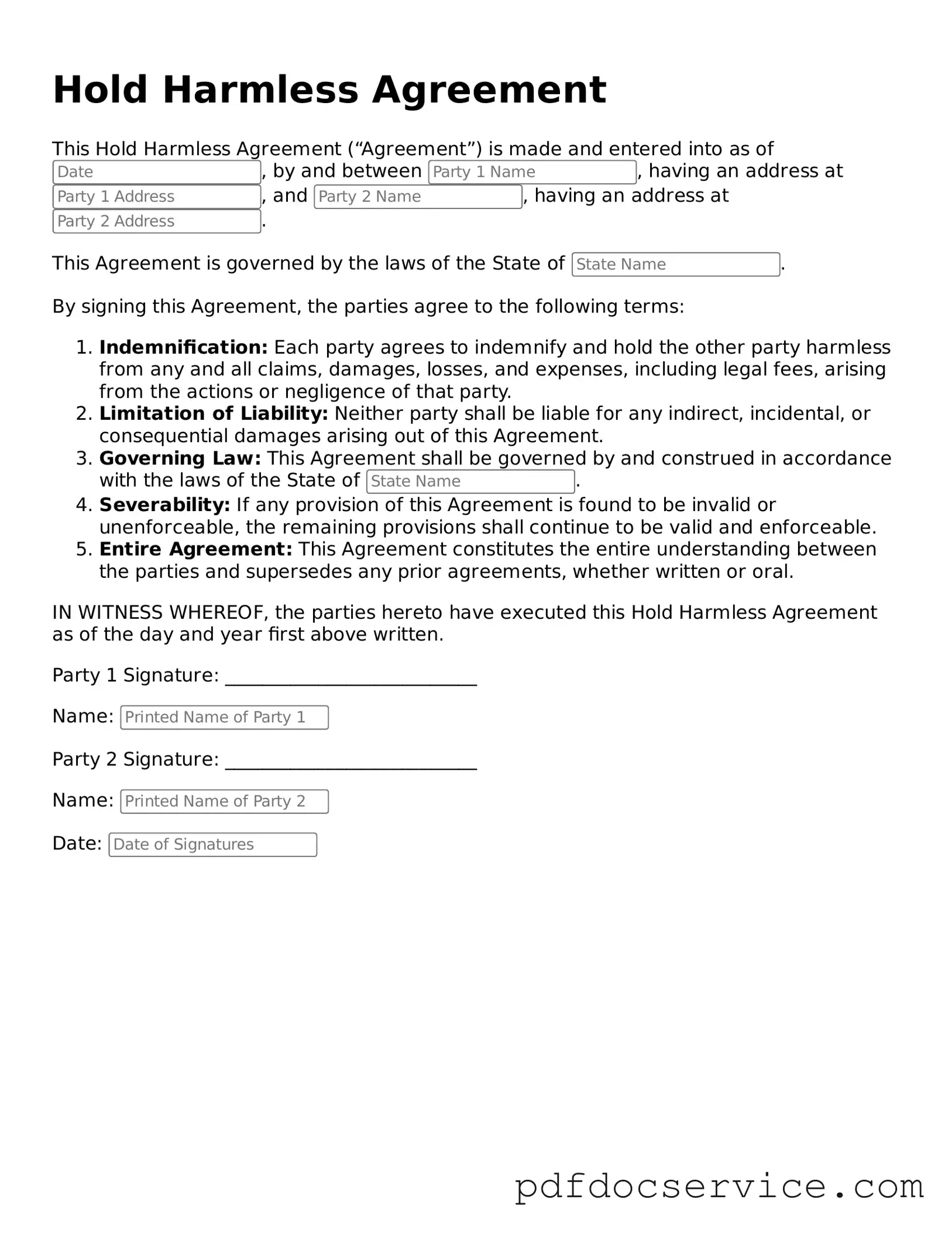 Blank Hold Harmless Agreement Form