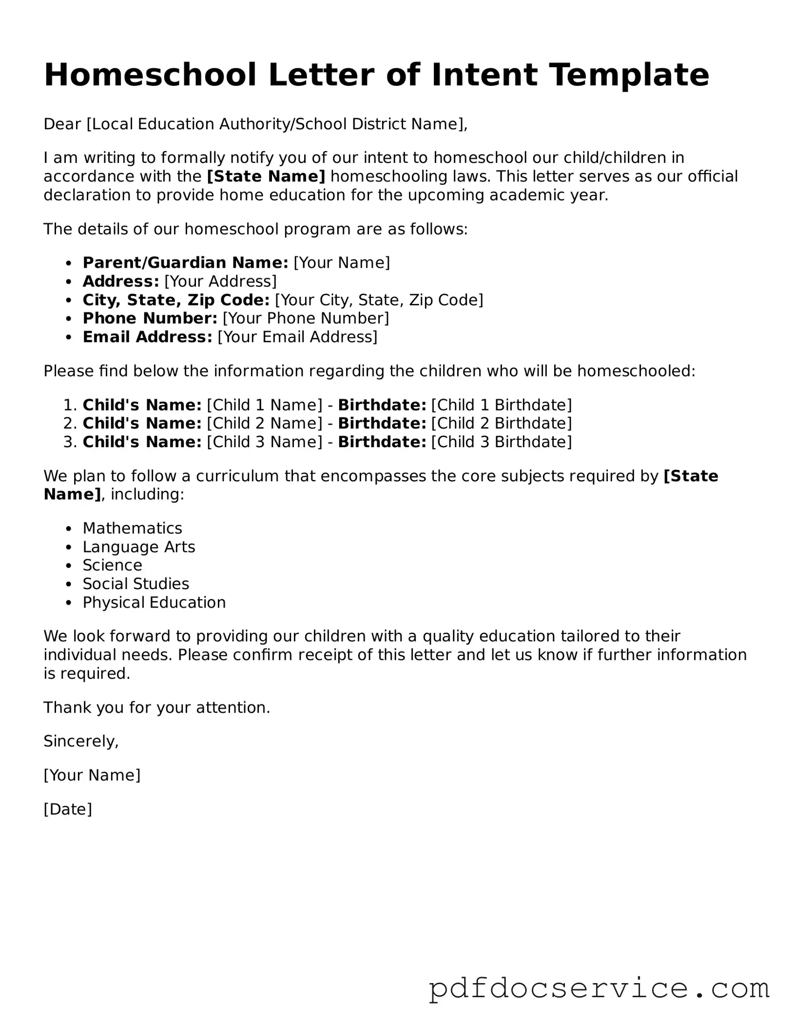 Blank Homeschool Letter of Intent Form