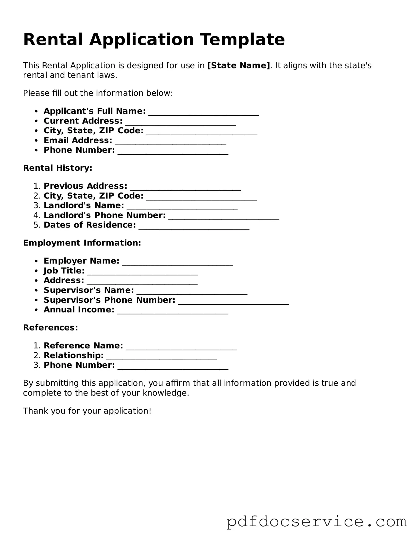 Blank Rental Application Form