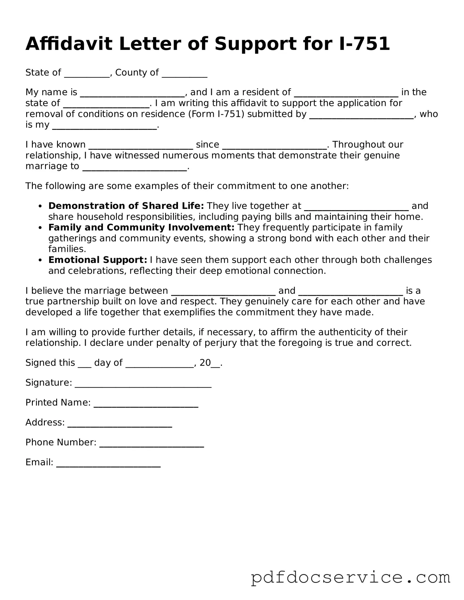 Blank Affidavit Letter of Support for I-751 Form