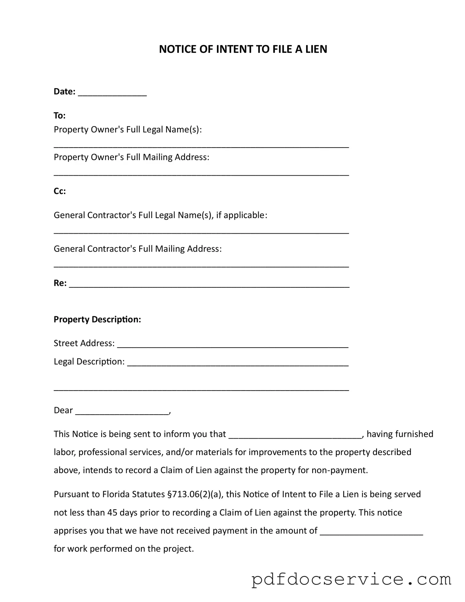 Fill Your Intent To Lien Florida Form