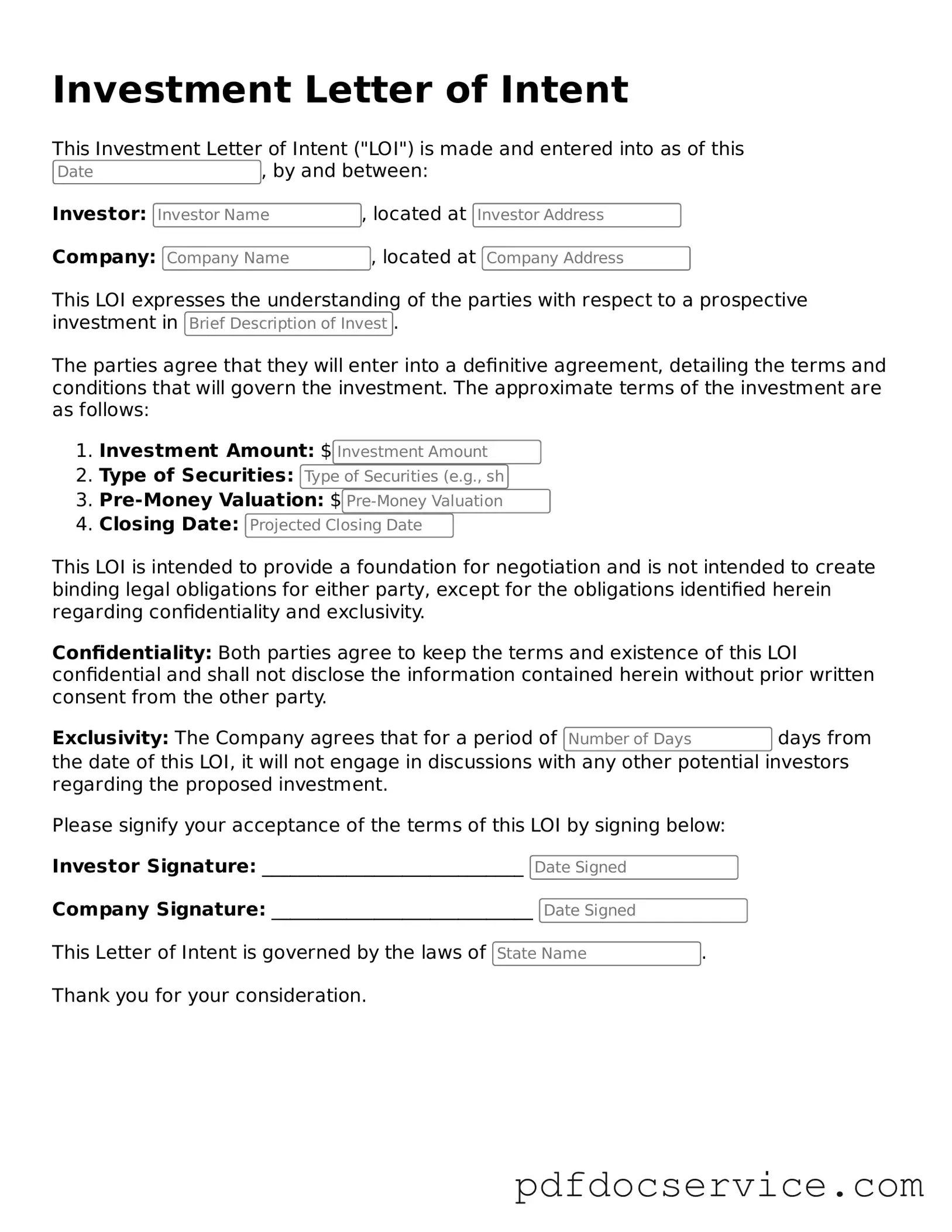 Blank Investment Letter of Intent Form