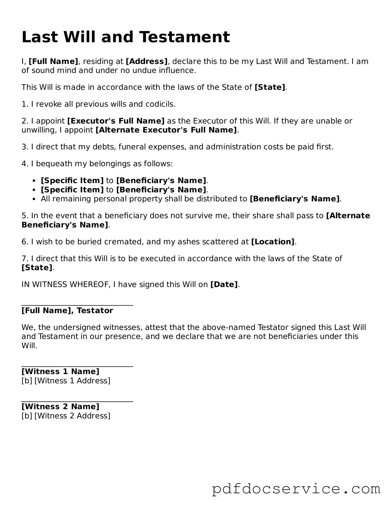 Blank Last Will and Testament Form