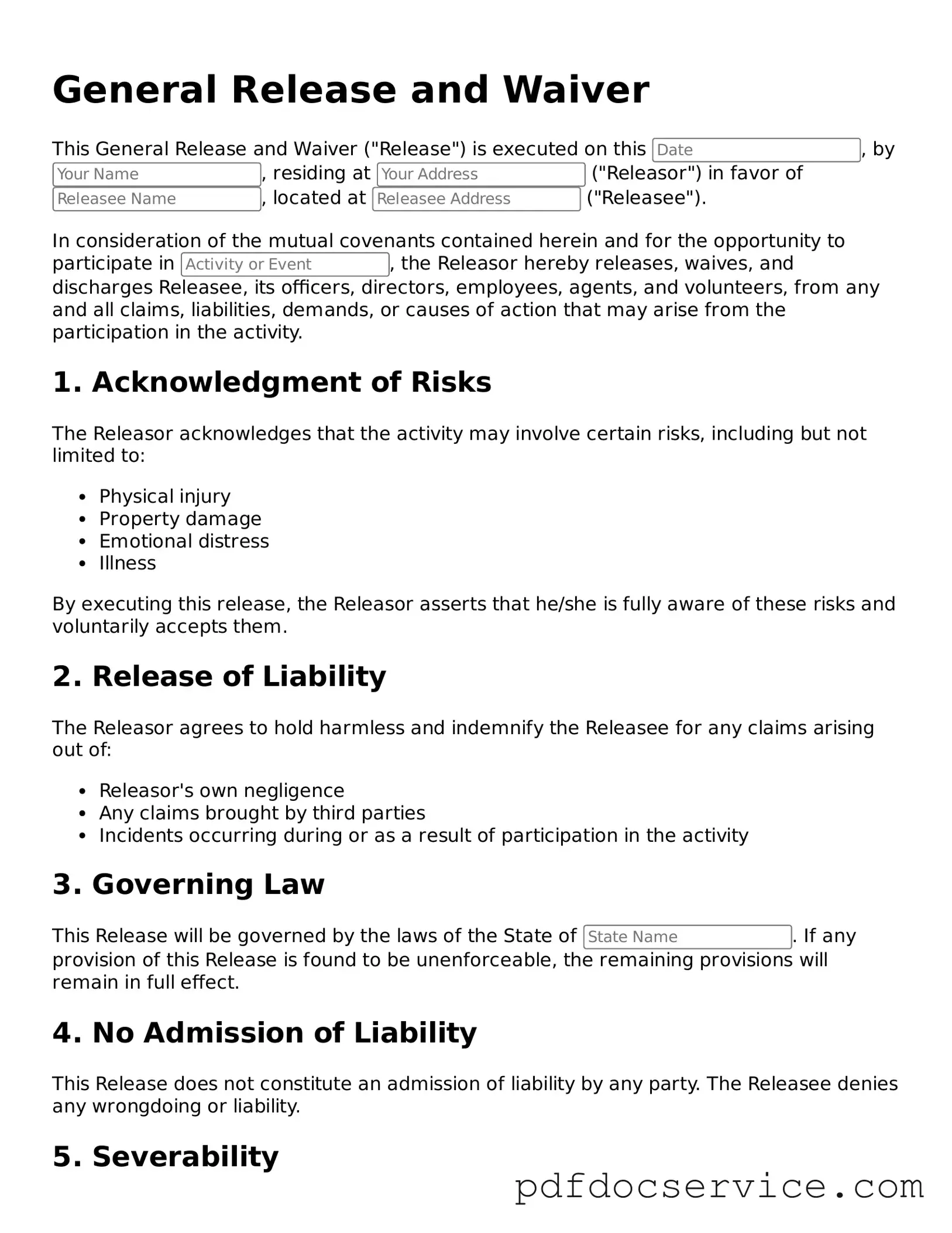 Blank General Release and Waiver Form