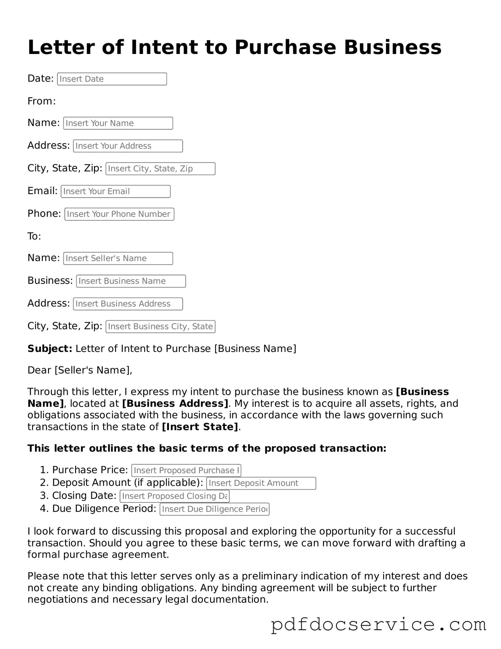 Blank Letter of Intent to Purchase Business Form