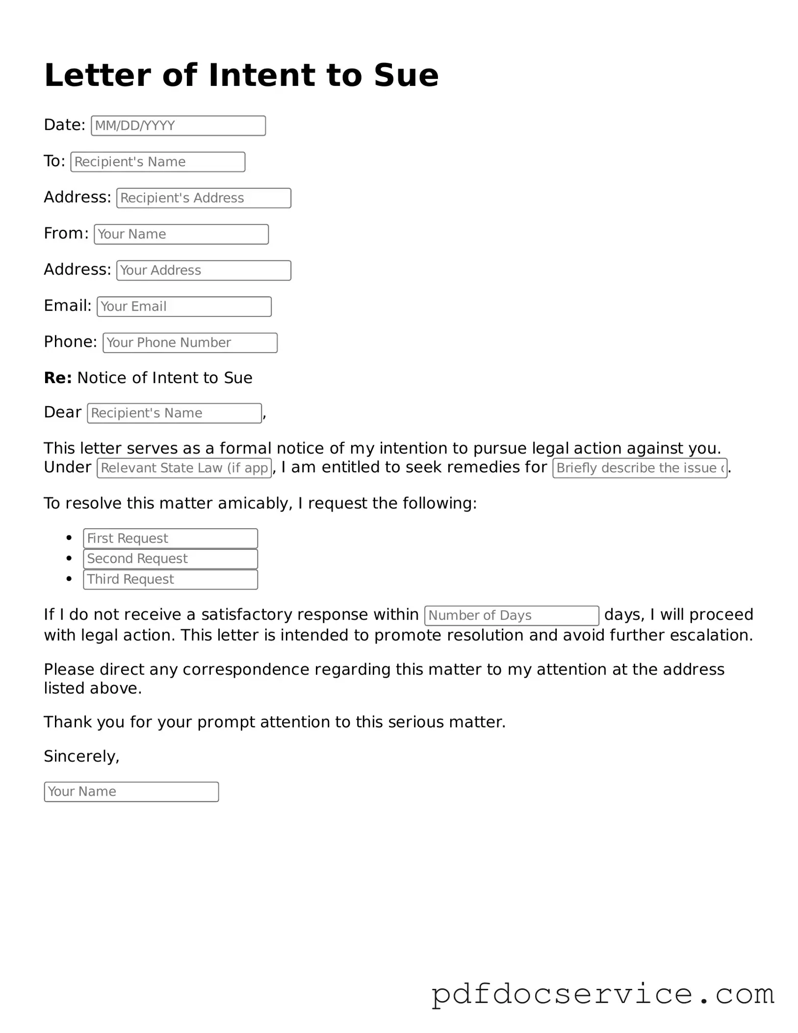 Blank Letter of Intent to Sue Form