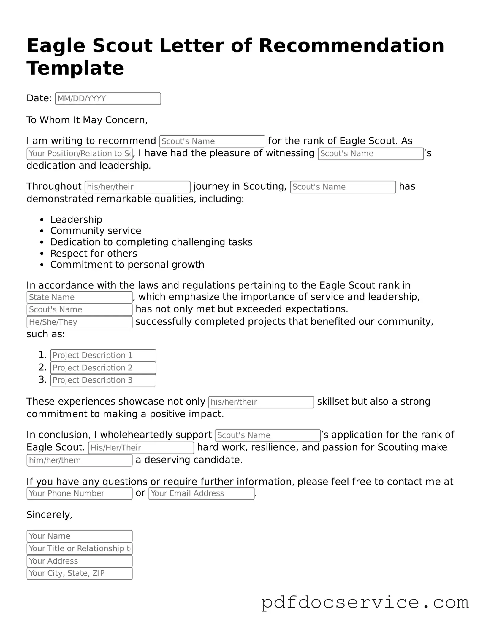 Blank Eagle Scout Letter of Recommendation Form