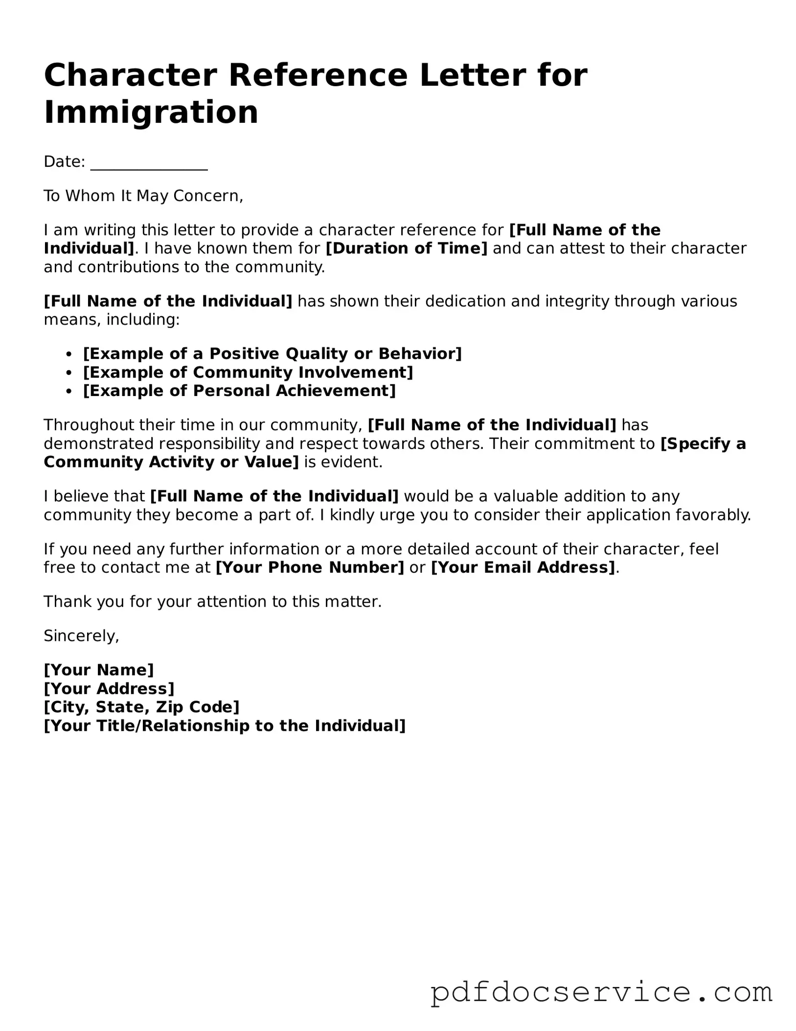 Blank Character Reference Letter for Immigration Form